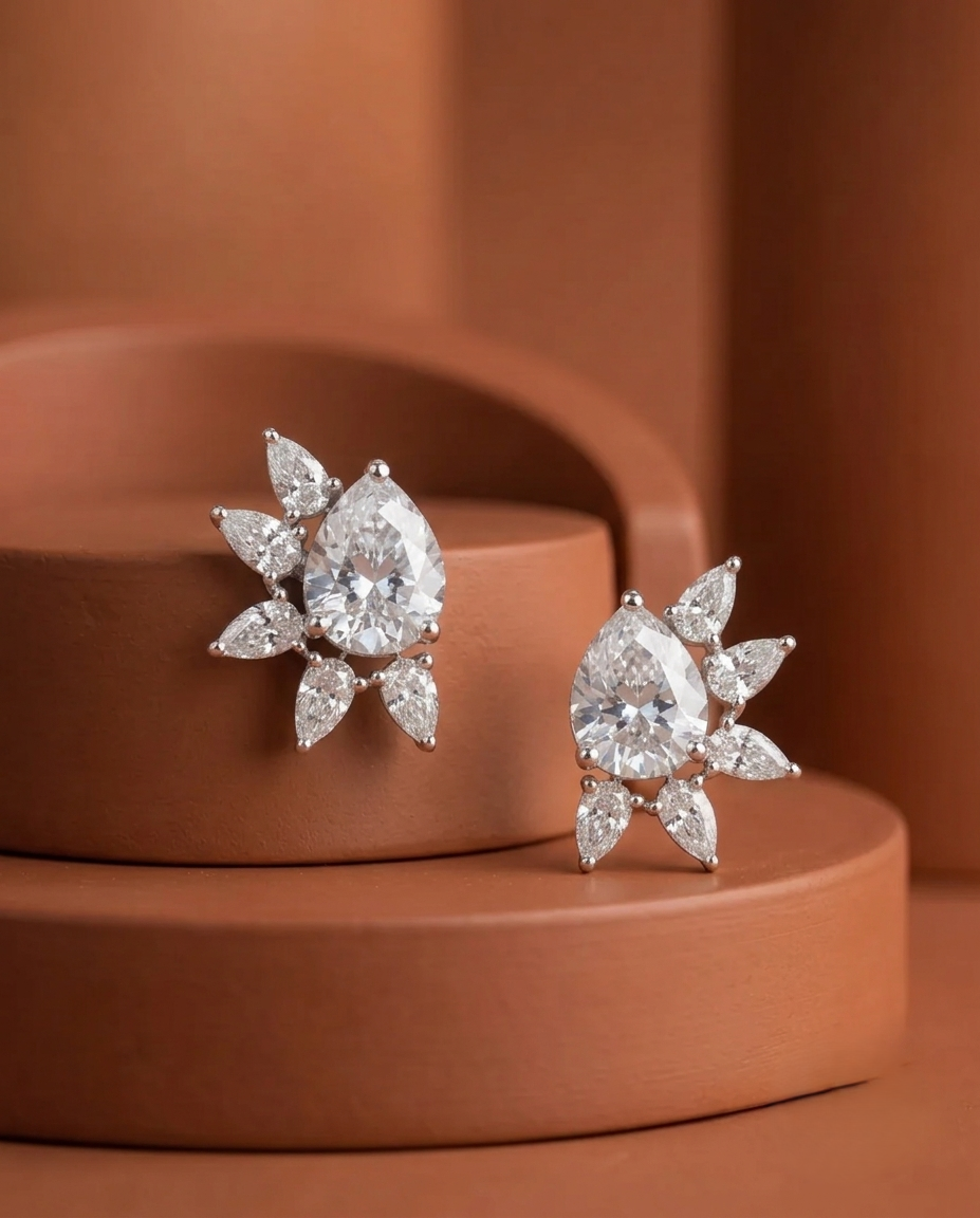 Celestia Bloom Studs – Pear Stone Diamond Floral Earrings (Multi Color Variants) - Silver Plated
