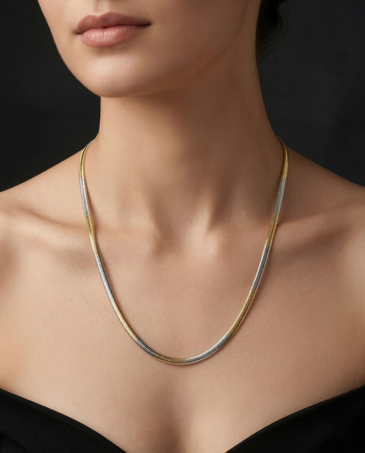 Premium Italian Two Tone Snake Chain Necklace Gold Silver Finish