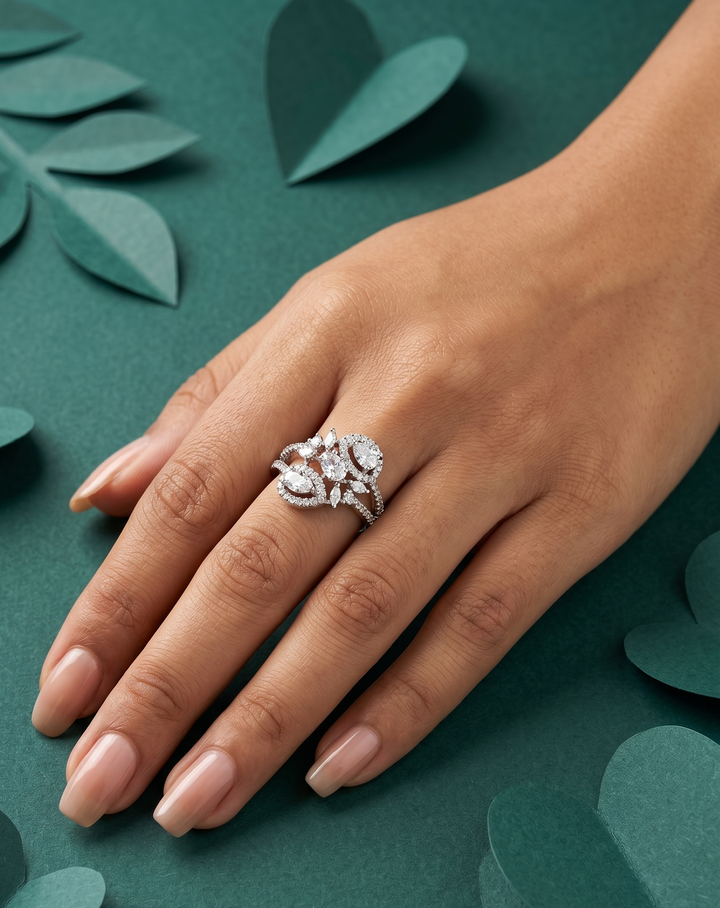 Tri Stone Diamond Look Ring Silver Plated Adjustable – White Stone