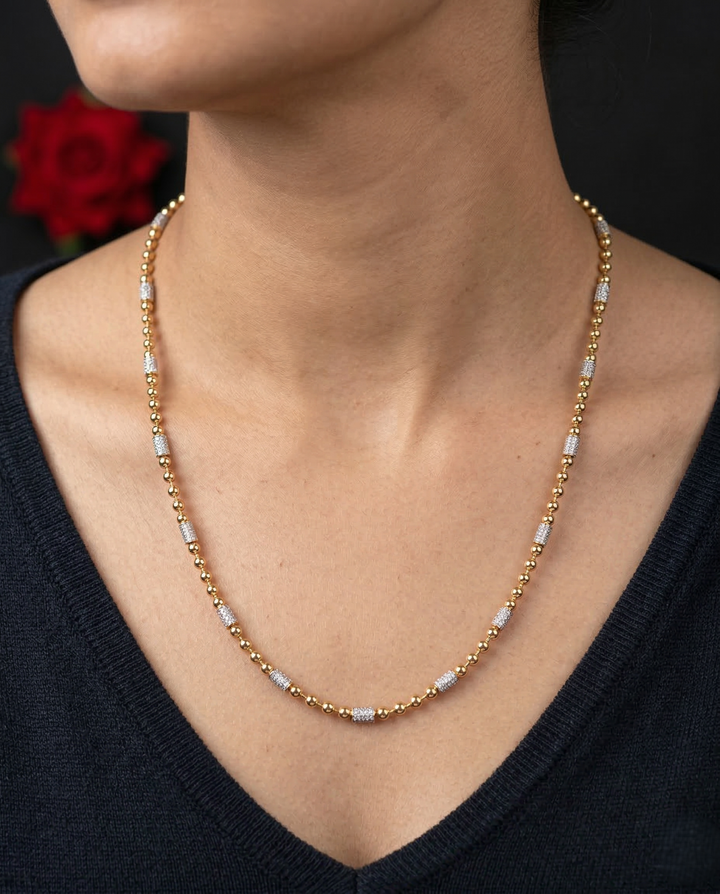 Two Tone Beaded Long Chain Necklace | Gold Ball & Silver Textured Bead Chain for Women