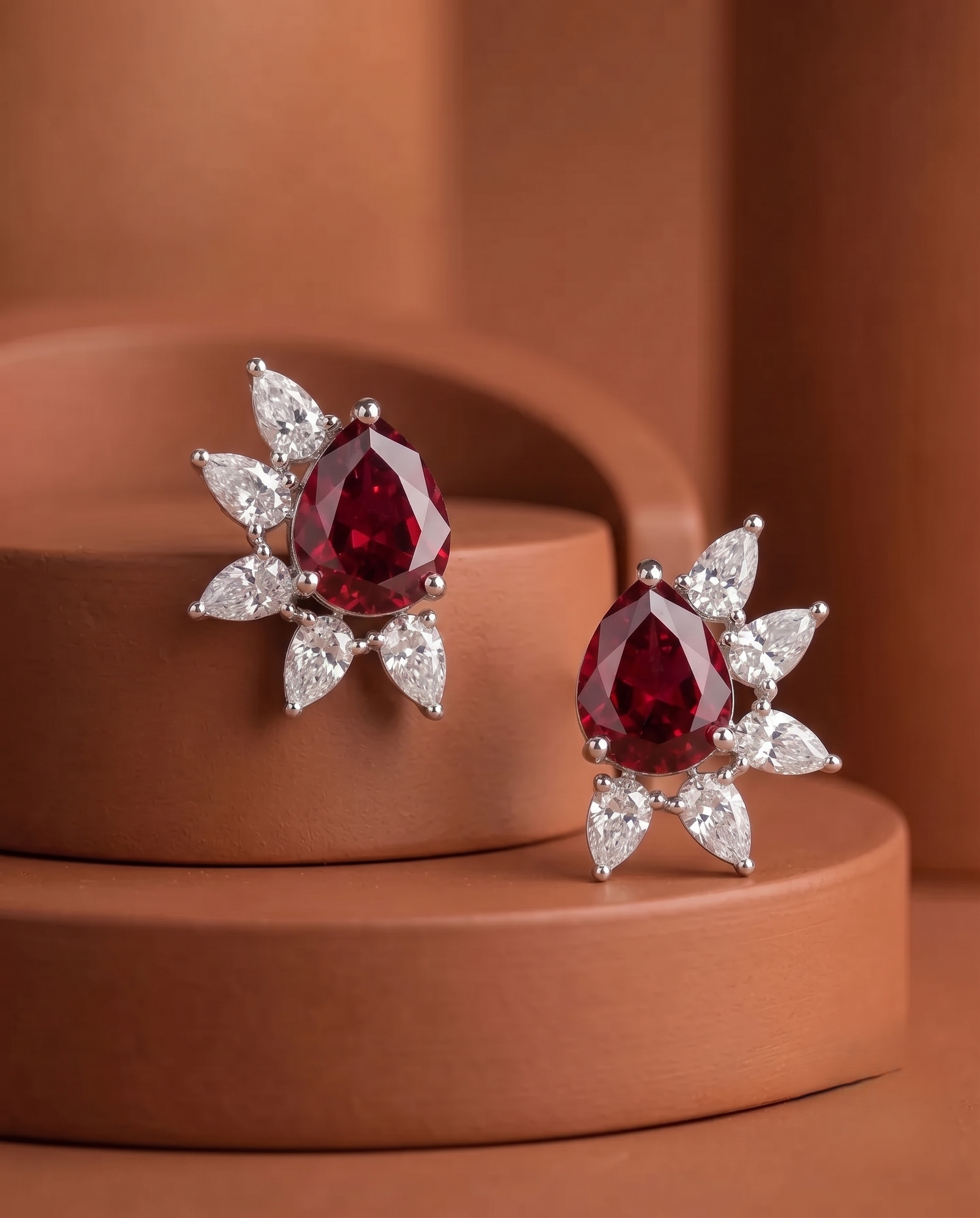 Celestia Bloom Studs – Pear Stone Diamond Floral Earrings (Multi Color Variants) - Silver Plated
