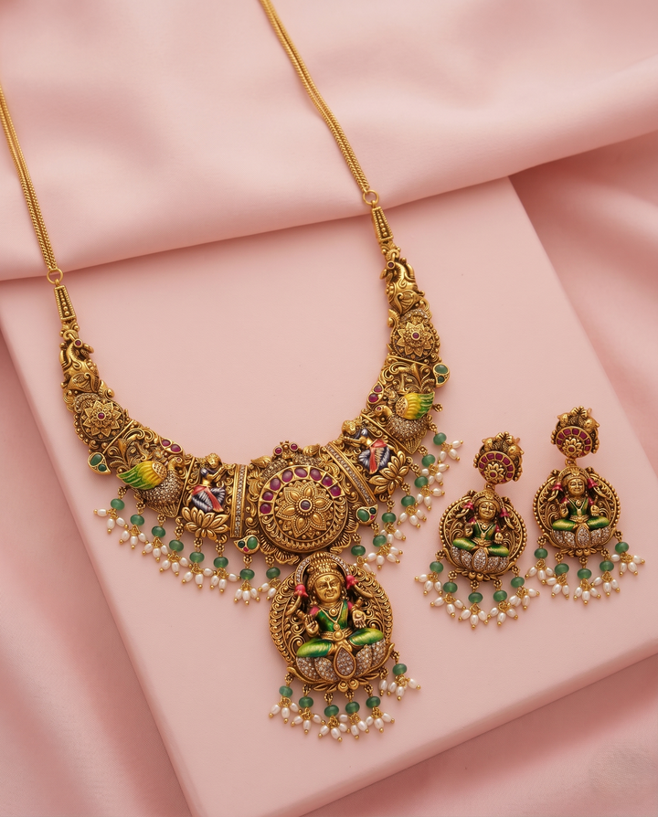 Antique Lakshmi Temple Necklace with Pendant & Matching Earrings
