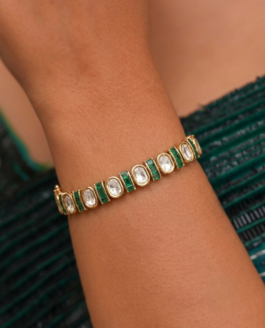 Kundan Style CZ Bracelet – Green | Ruby | White Stone – Adjustable Gold Finish