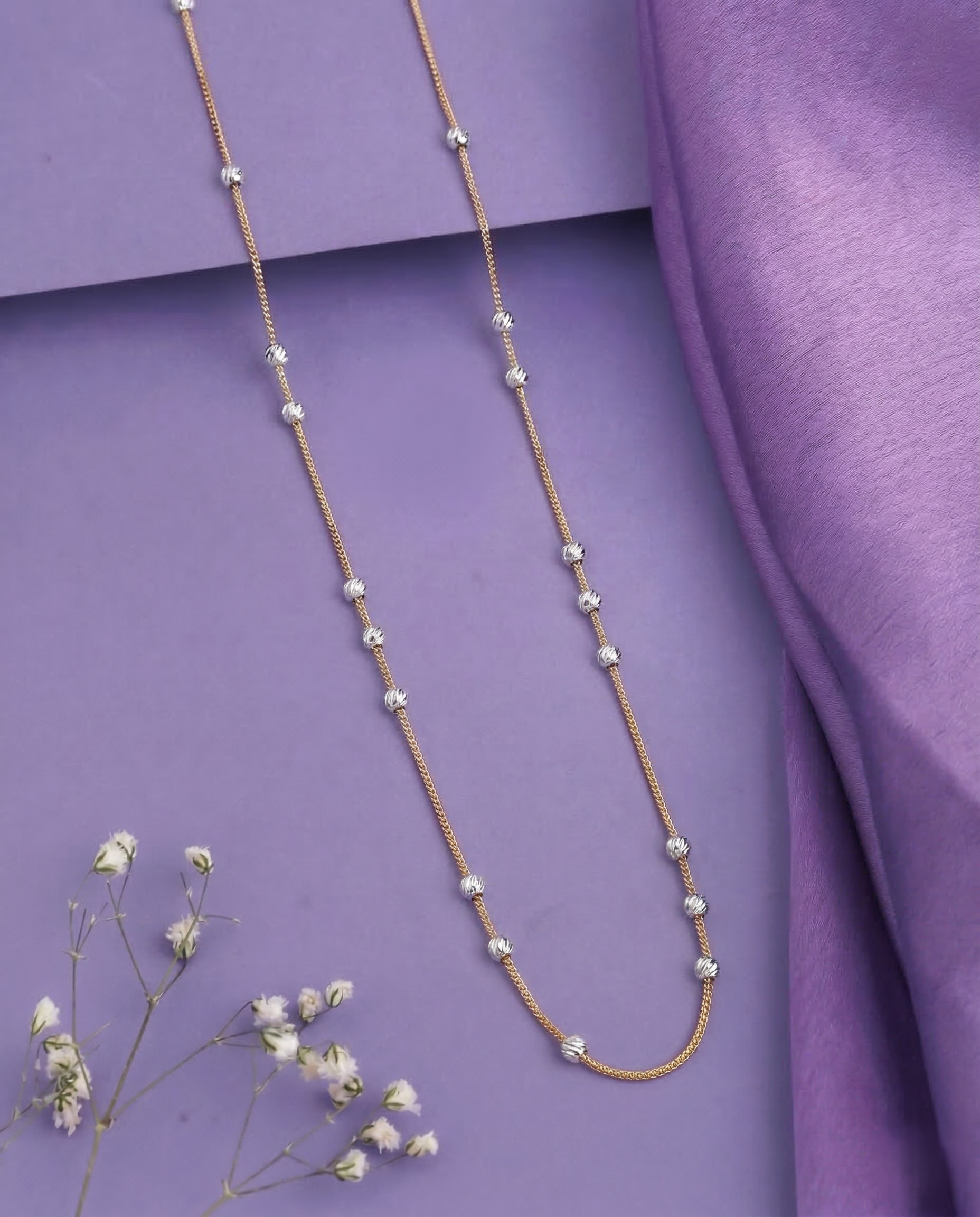 Diamond Cut Beaded Chain Necklace Gold Silver Two Tone Finish