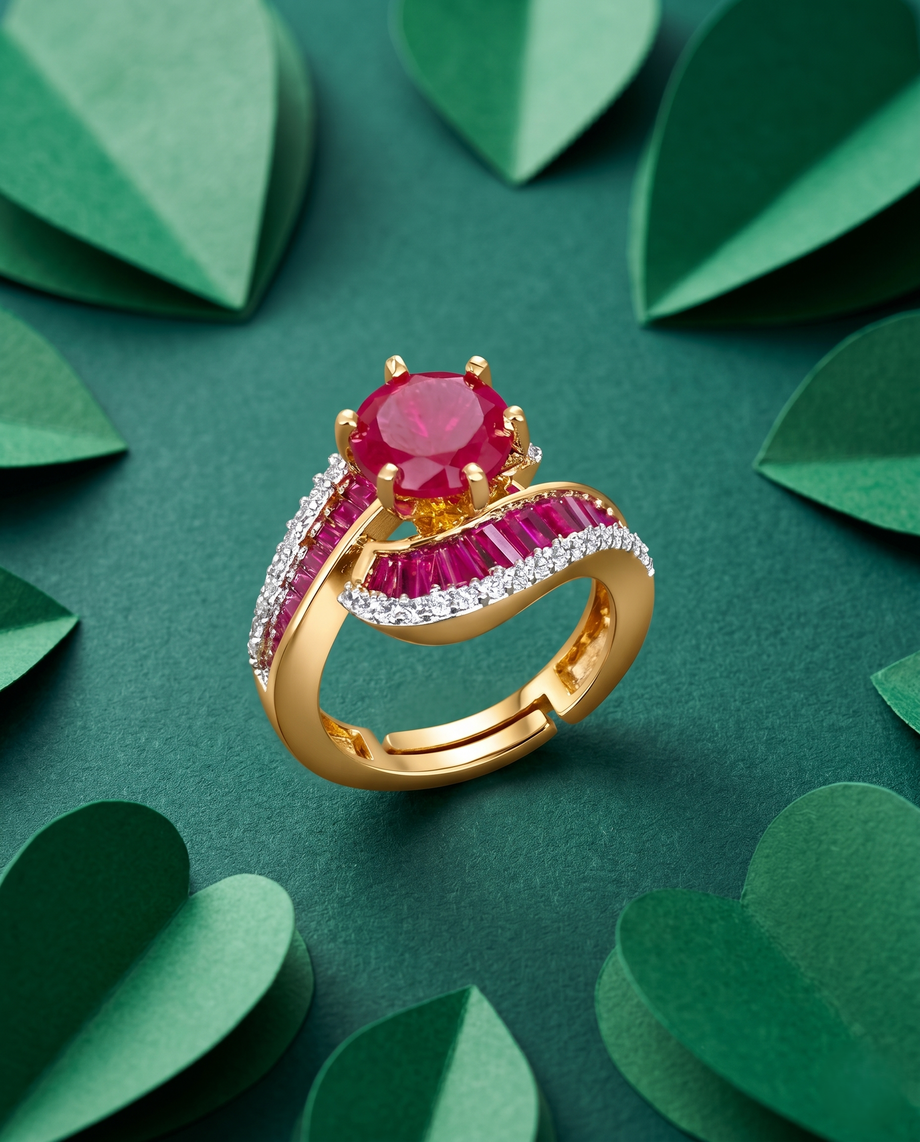 Royal Curve Stone Gold Plated Adjustable Ring (Ruby Red, Diamond White, Emerald Green)