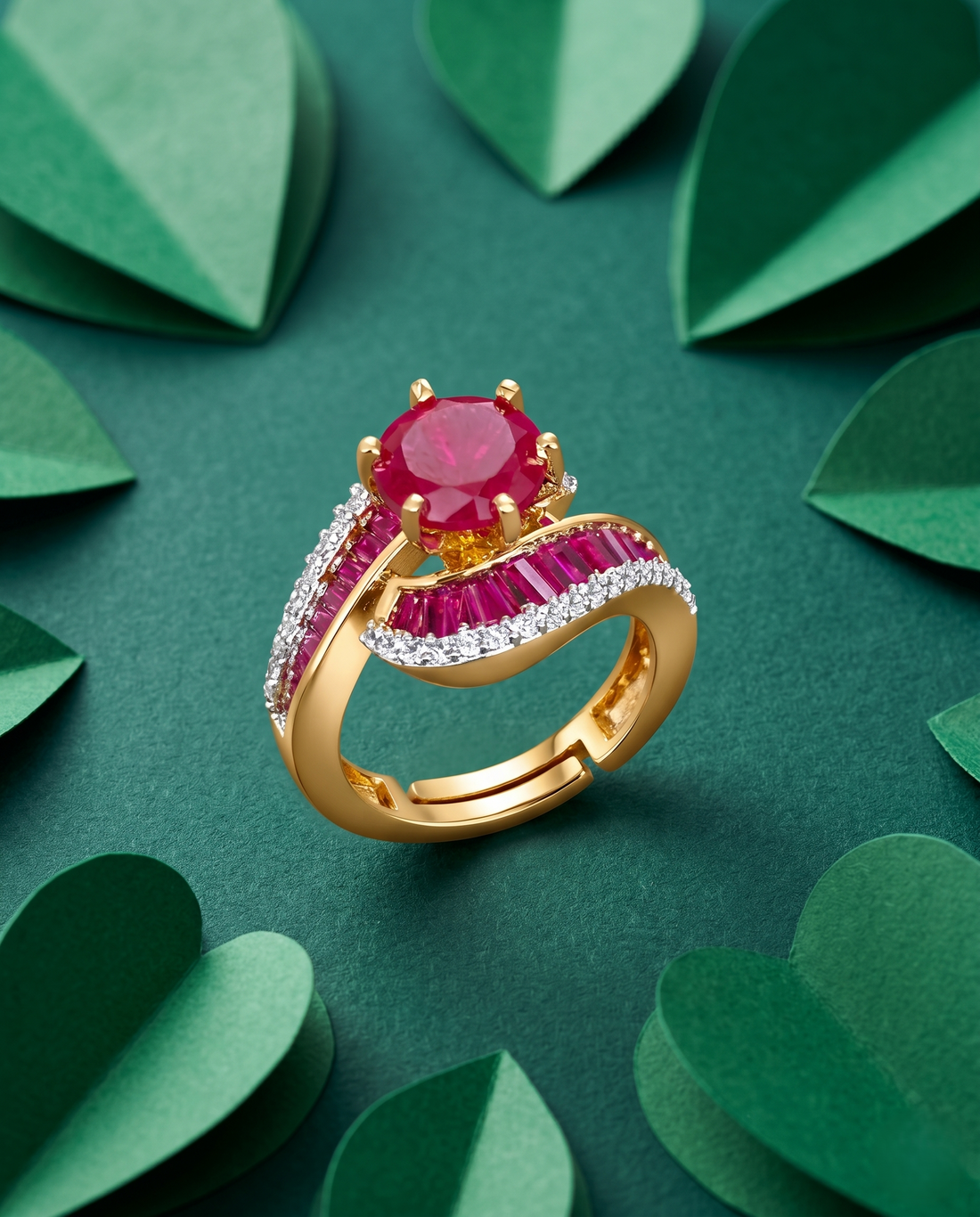 Royal Curve Stone Gold Plated Adjustable Ring (Ruby Red, Diamond White, Emerald Green)