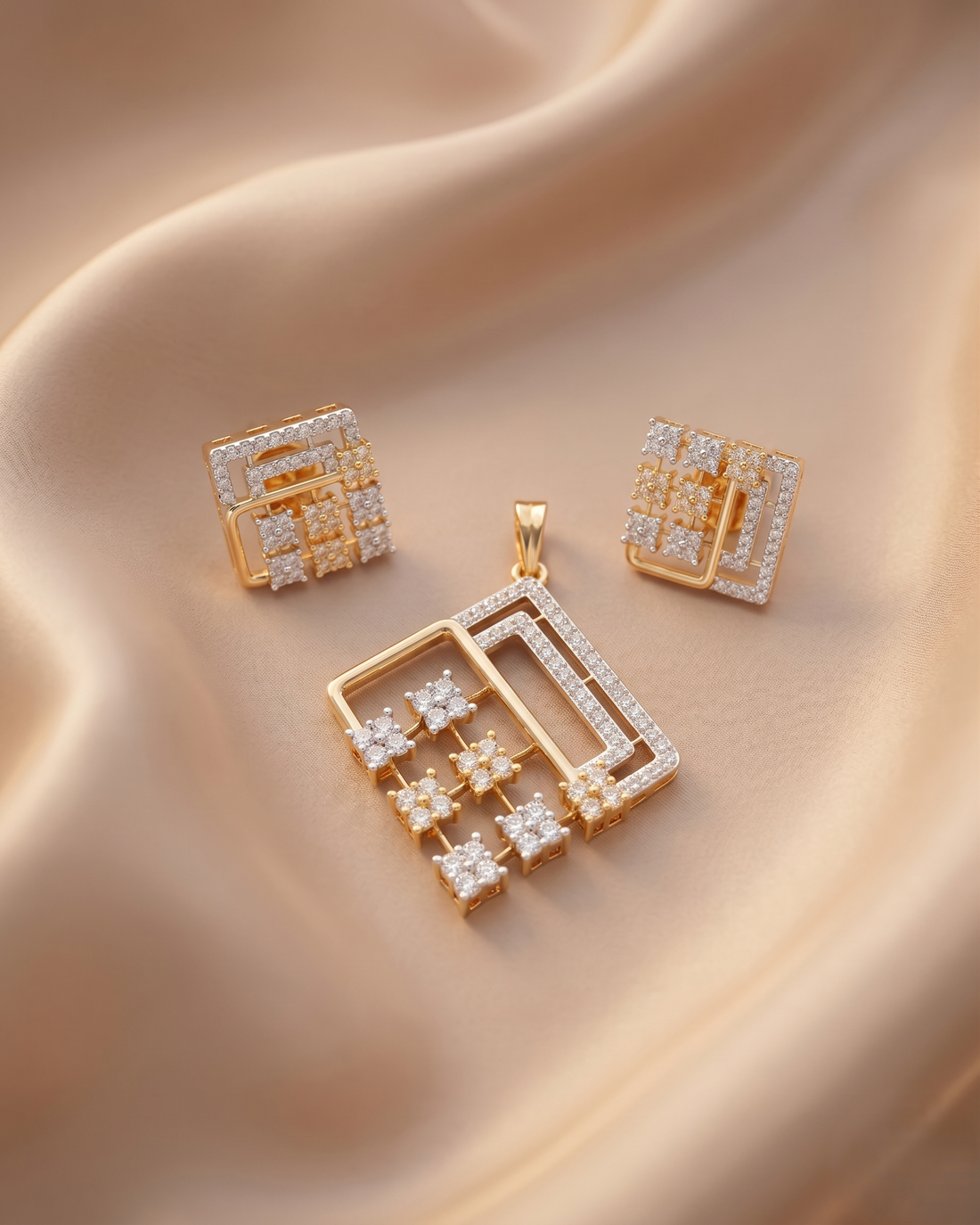 Premium Dual Tone Geometric Diamond Pendant with Chain & Matching Earrings