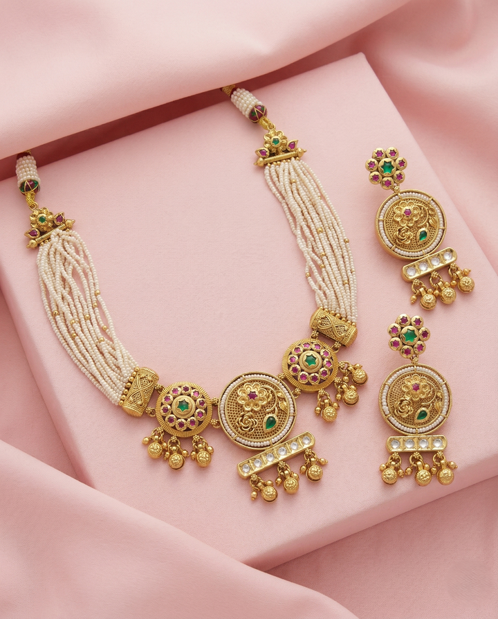Premium Antique Finish Gold Plated 2-in-1 Choker and Long Style Pearl Necklace Set with Earrings