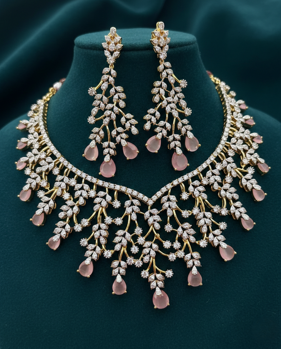 Gold Polish American Diamond Pink Stone Leaf Design Necklace Set