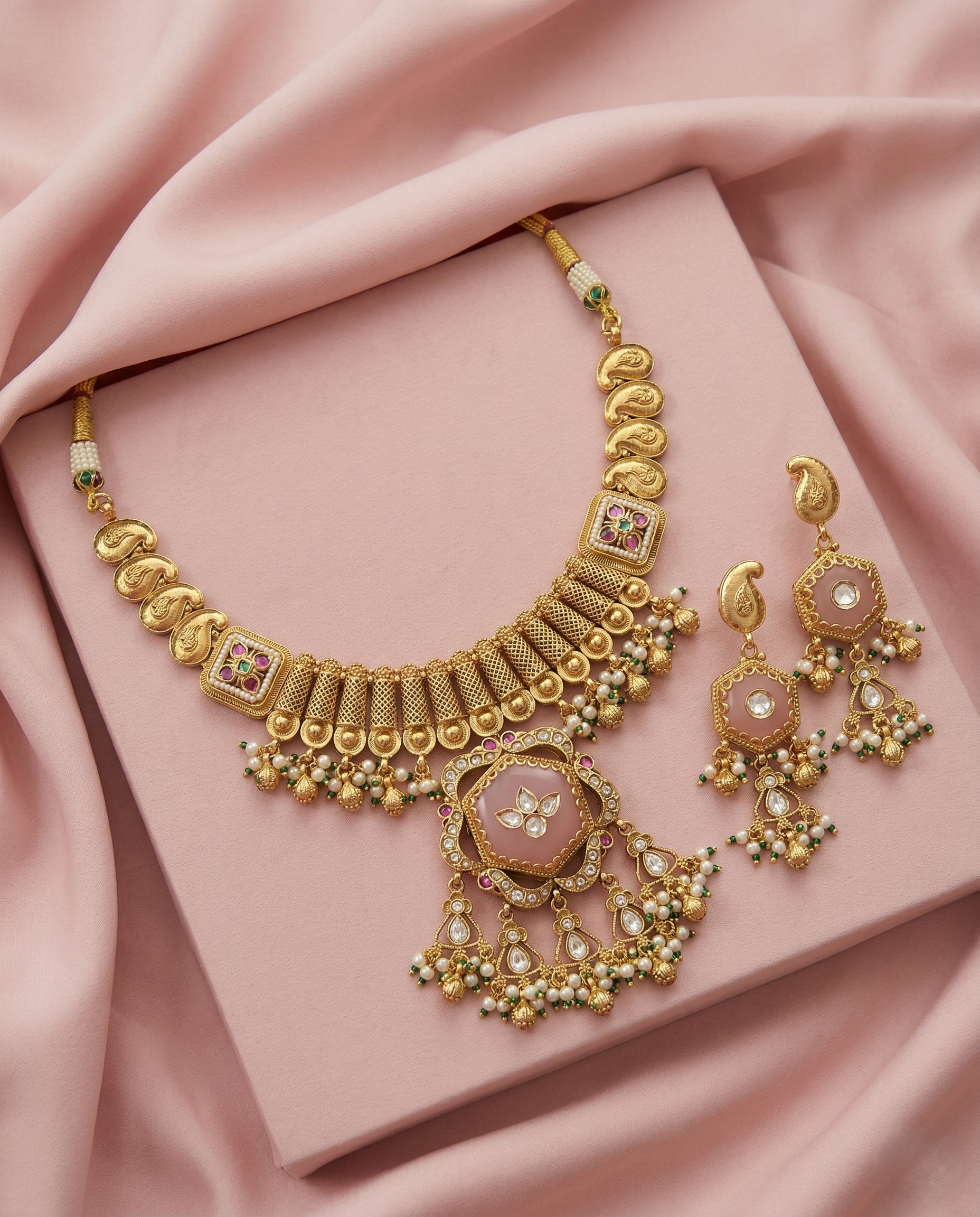 Premium Antique Finish Gold Plated Blush Pink Choker Necklace Set with Pearl Drops