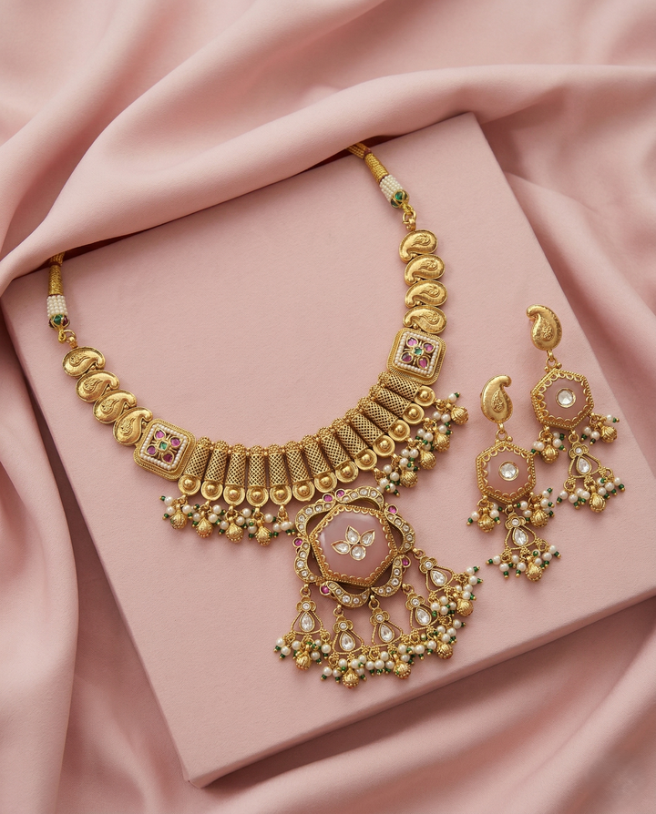 Premium Antique Finish Gold Plated Blush Pink Choker Necklace Set with Pearl Drops