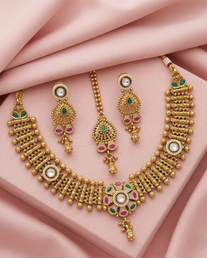 Traditional Gold Finish Choker Necklace Set with Green & Pink Stones and Ghungroo Work