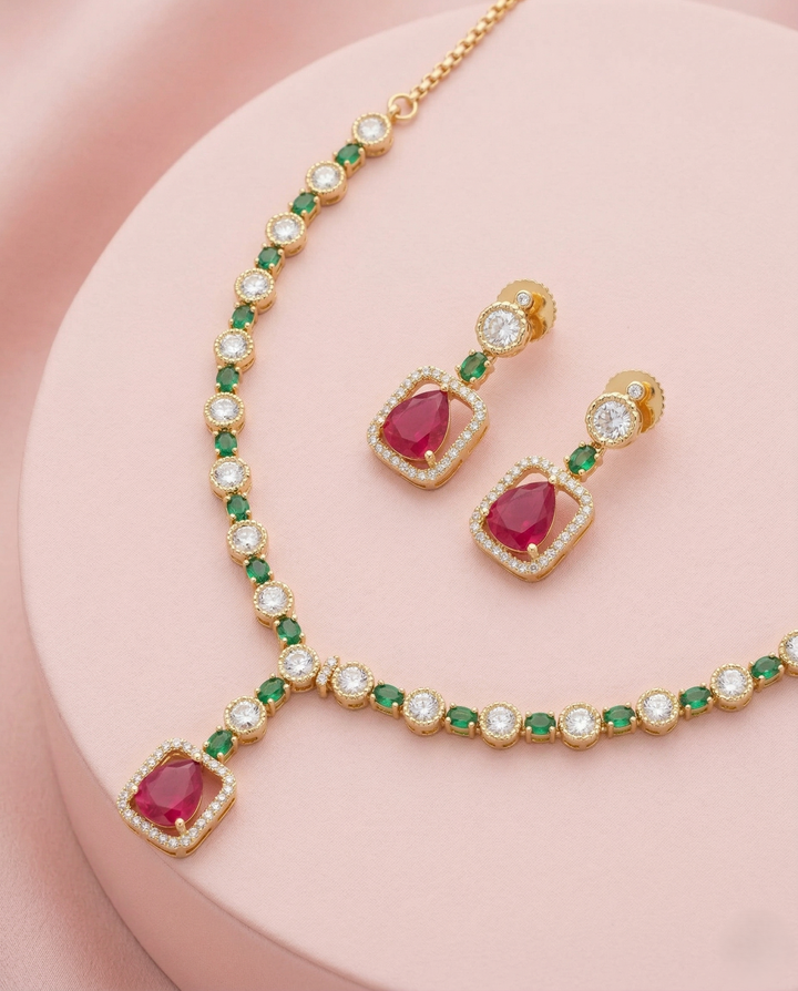 Gold Tone Kundan Drop Necklace Set with Ruby Red and Green Stone with Earrings