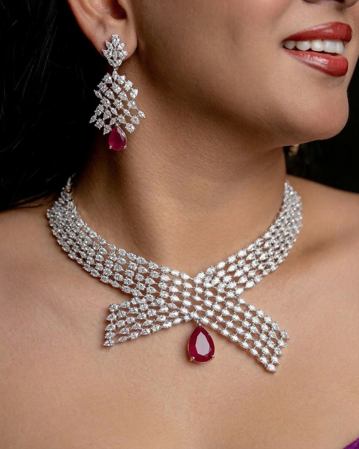 Ruby Finish Diamond Necklace Set with Matching Earrings