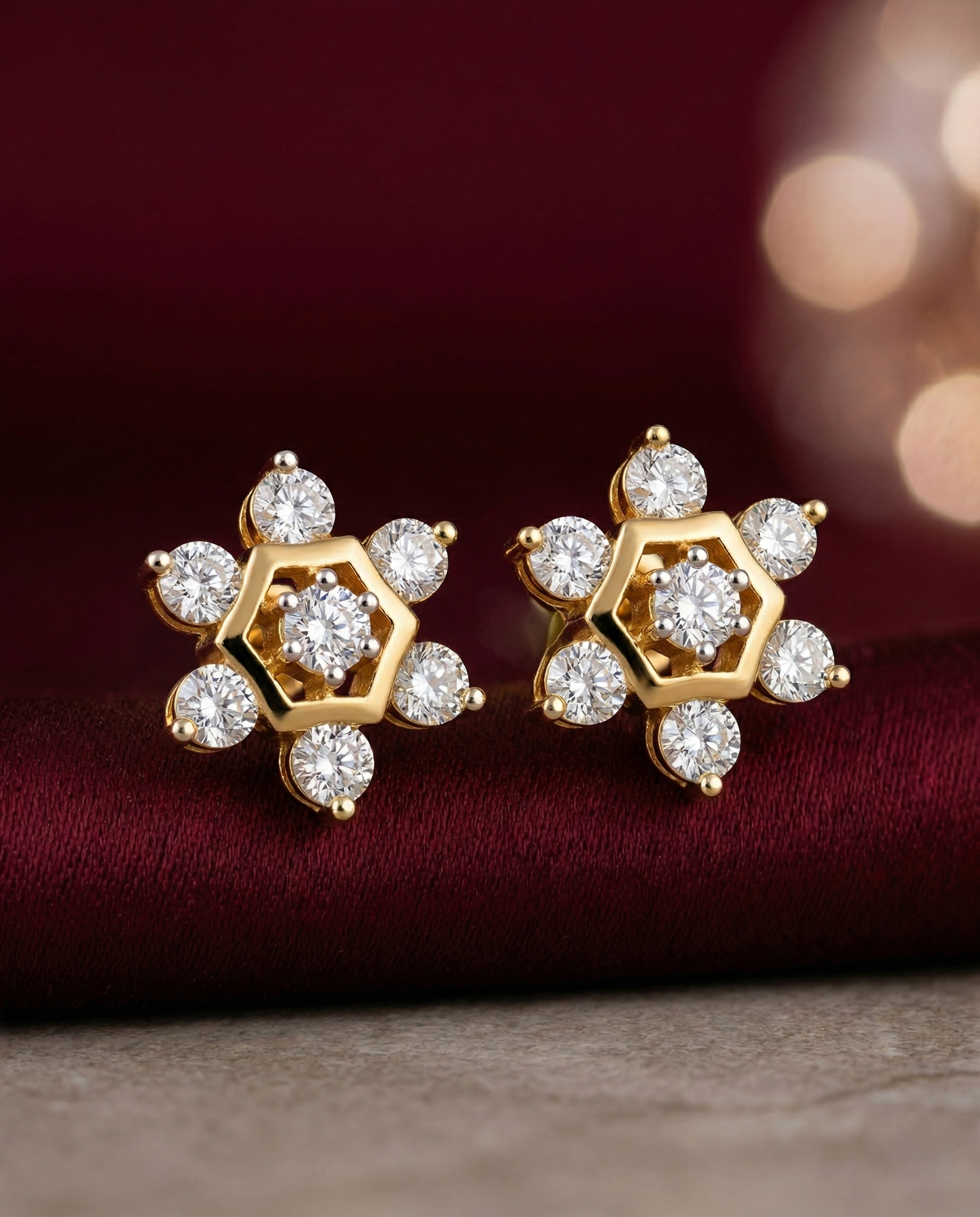Premium Hexa Bloom Studs – Gold Polish Diamond Floral Earrings