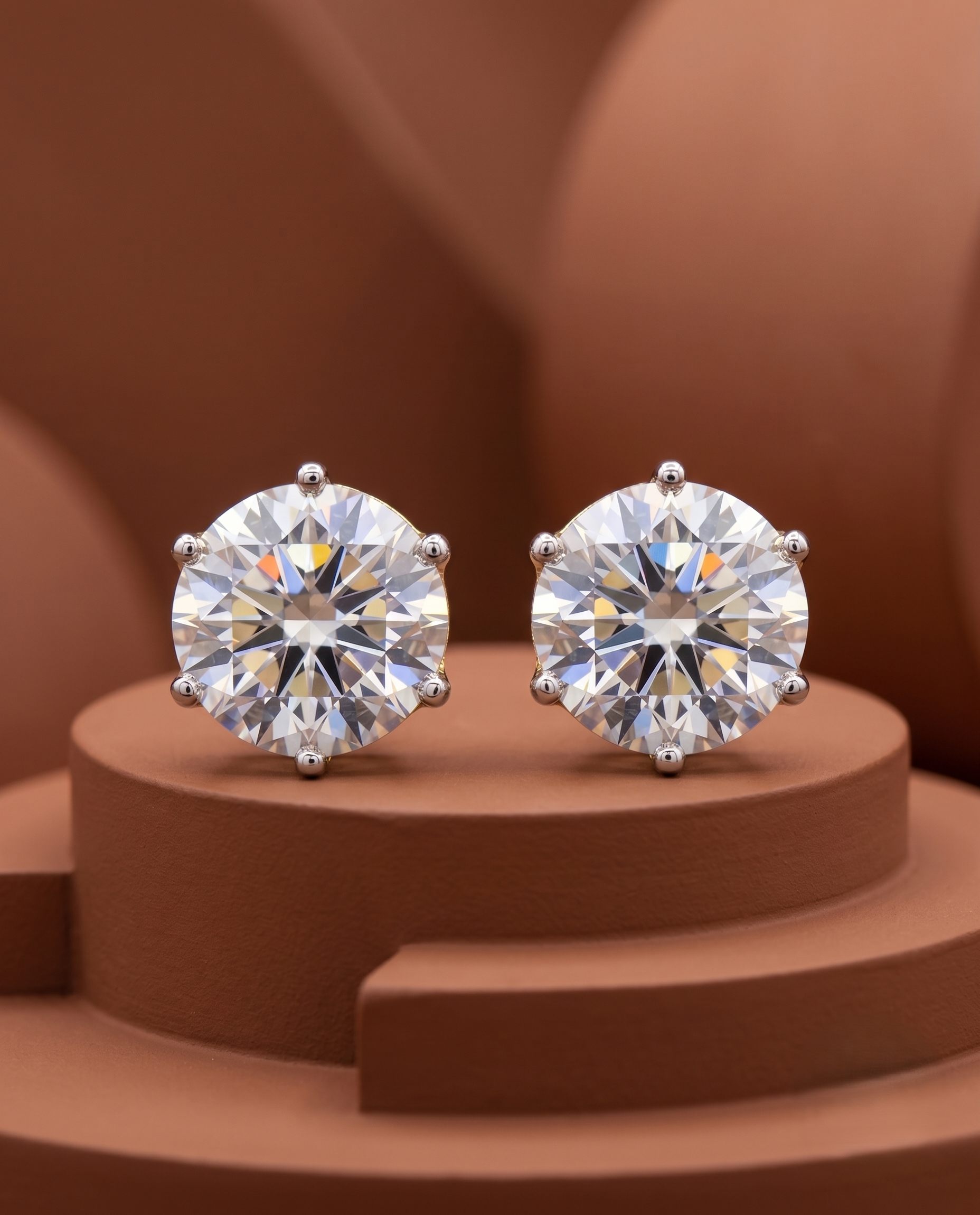 Premium 8 Carat Diamond Stud Earrings Gold & Silver Tone Classic Round Design