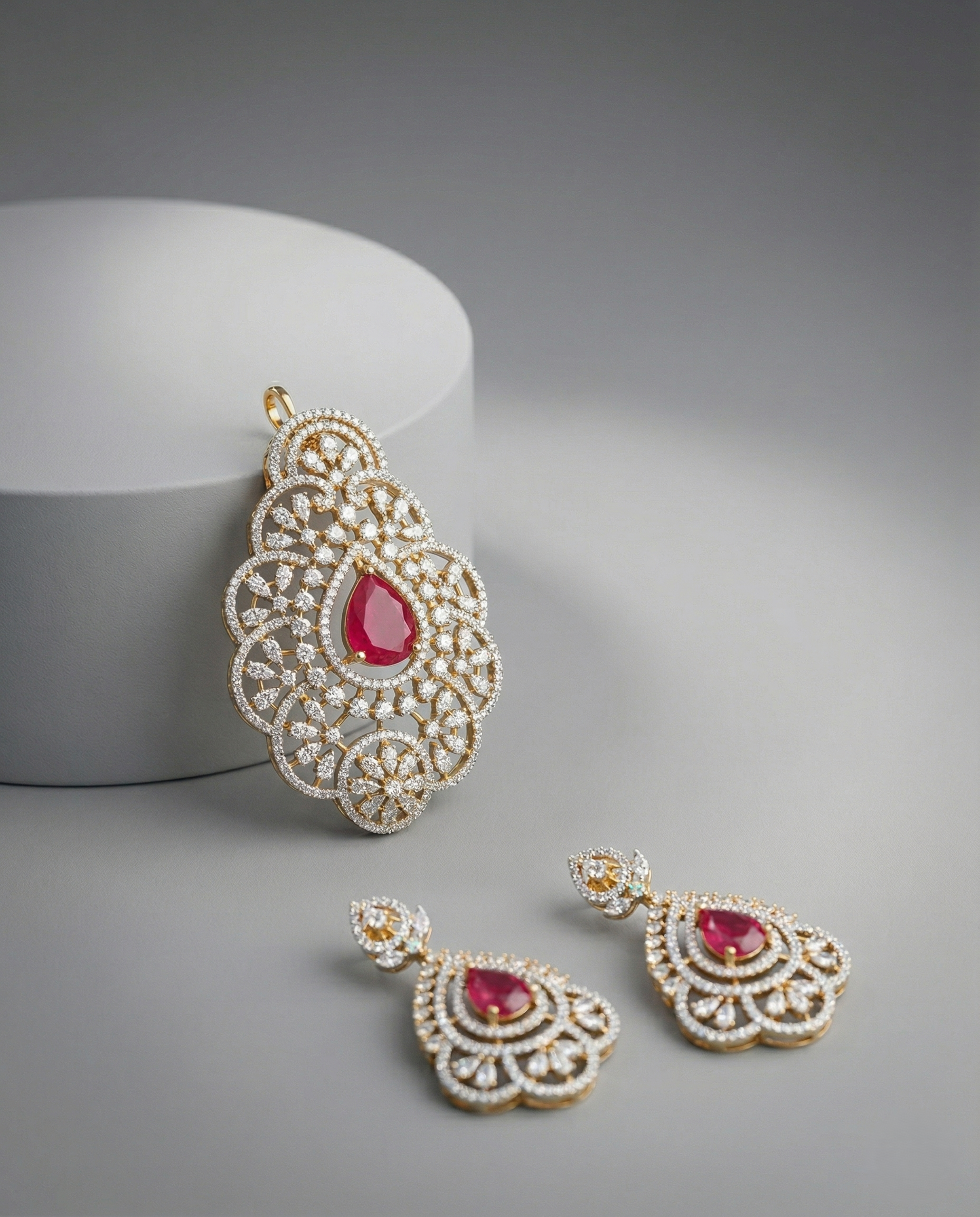 Premium Ruby Red Crystal Designer Pendant Set in Gold Tone