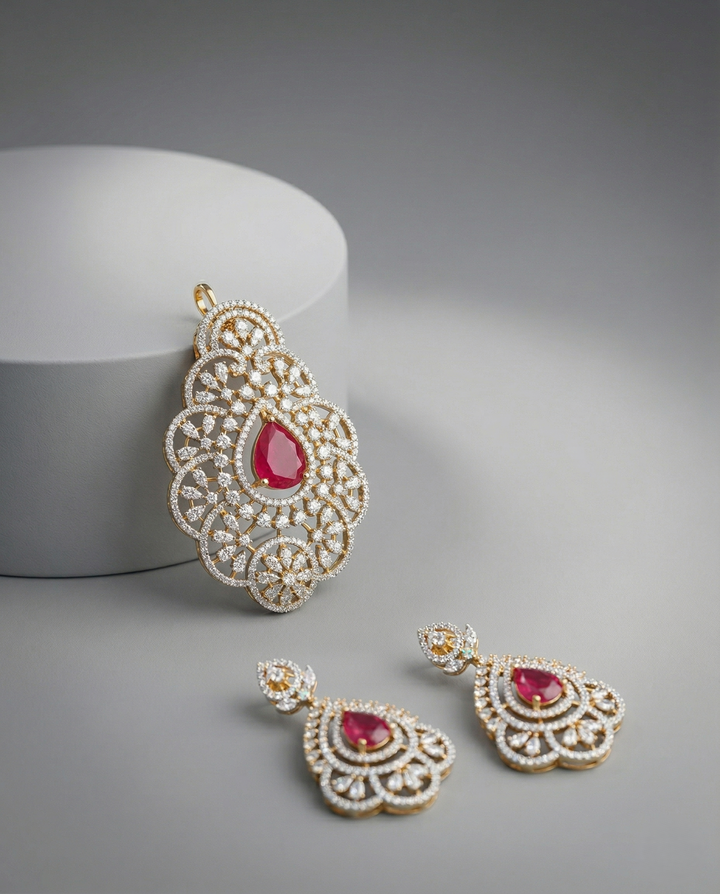 Premium Ruby Red Crystal Designer Pendant Set in Gold Tone