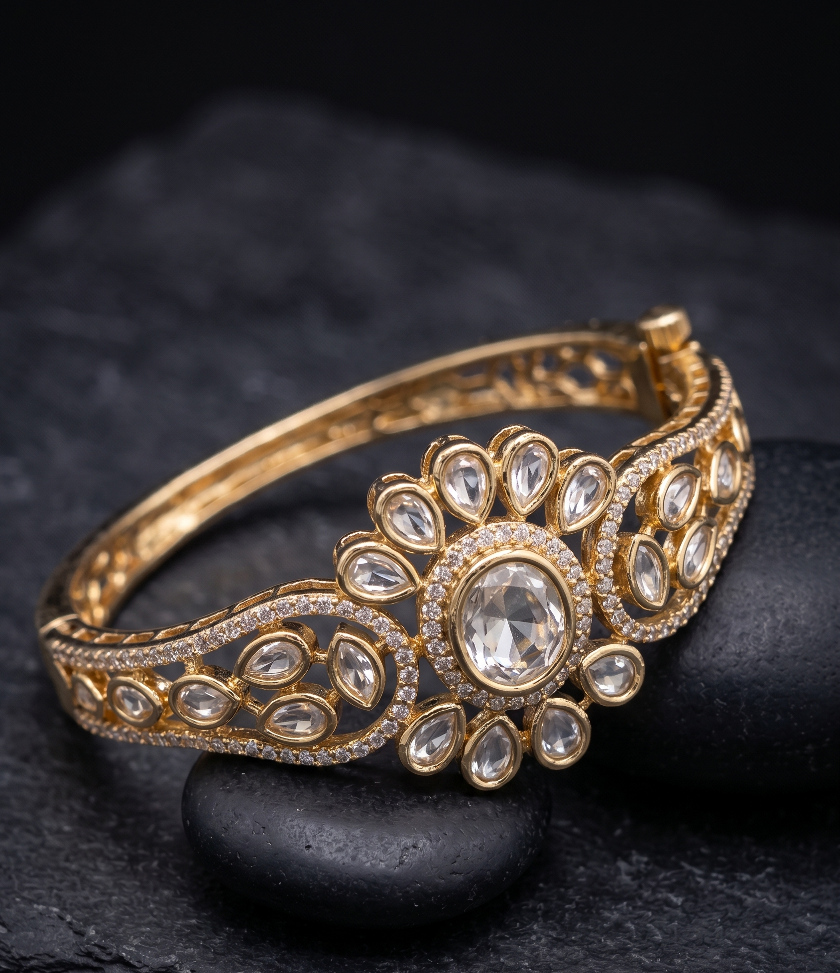 Noorva Floral Kundan  Traditional Polki Style Openable  Bracelet  for Women