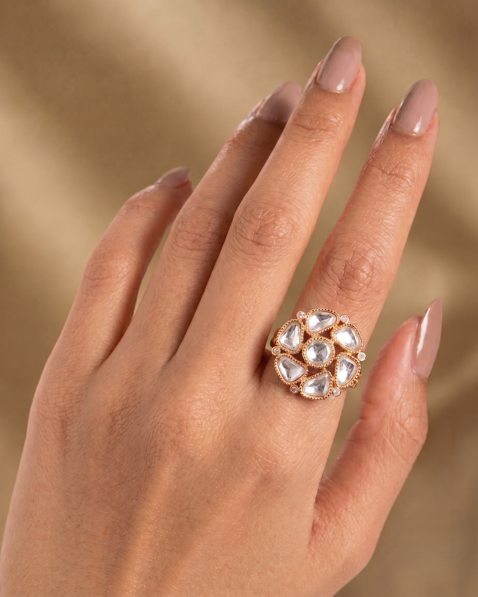 Zarika Emerald Kundan Ring for Women | Adjustable Floral Statement Ring