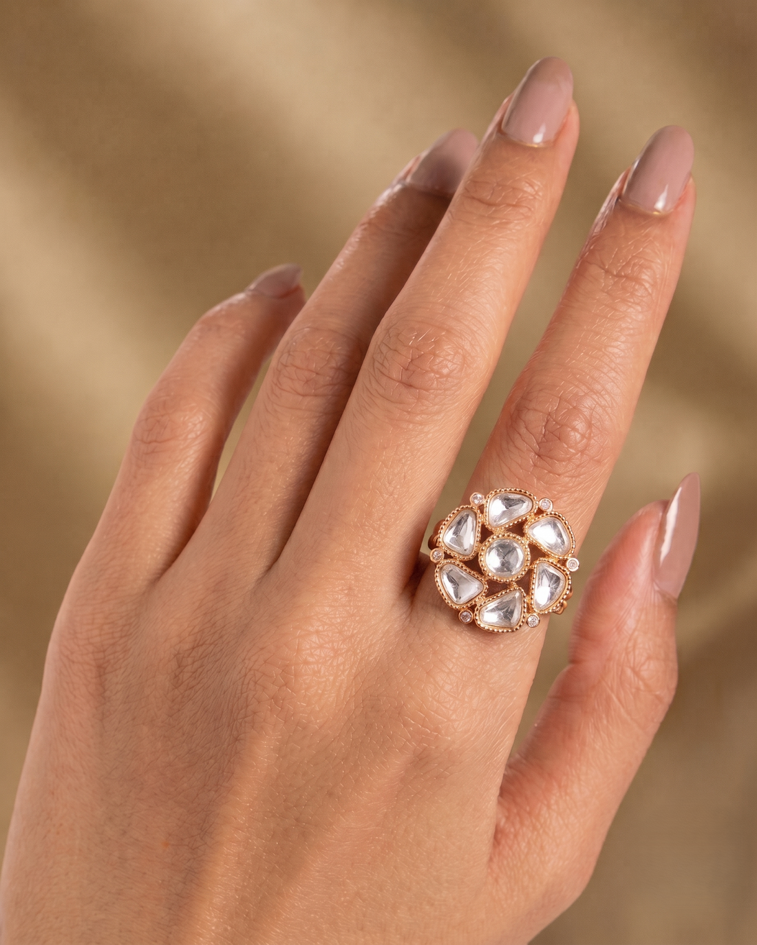 Zarika Emerald Kundan Ring for Women | Adjustable Floral Statement Ring