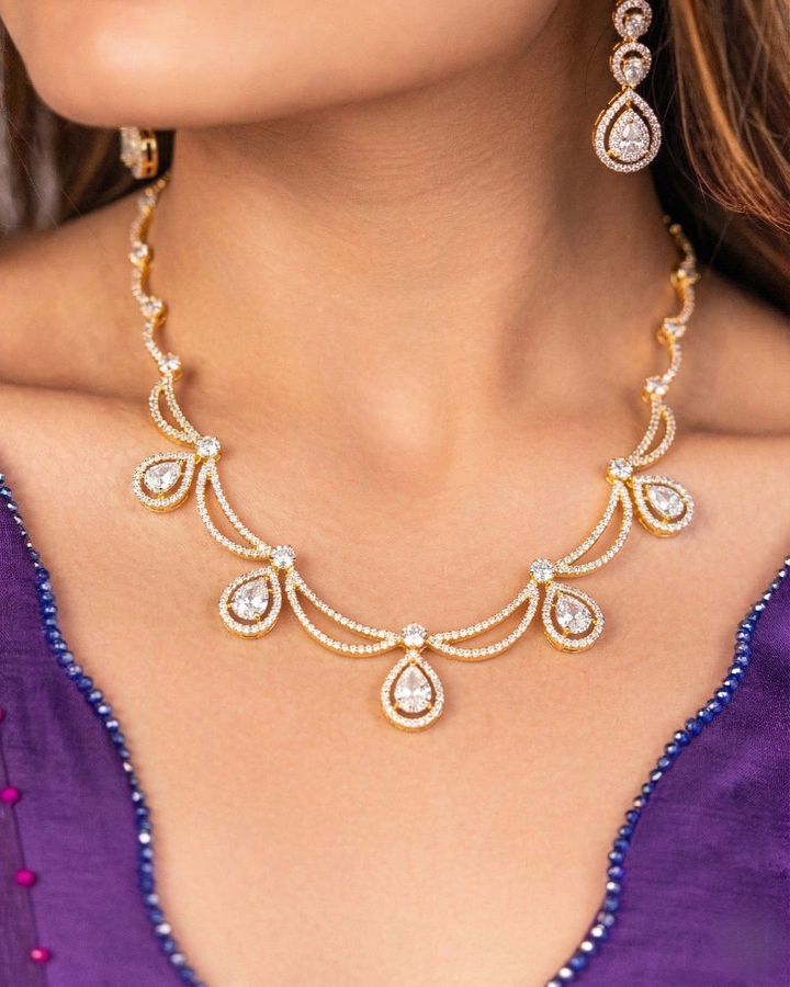 Diamond Look Drop Necklace Set with Earrings | Gold Tone Imitation Jewellery