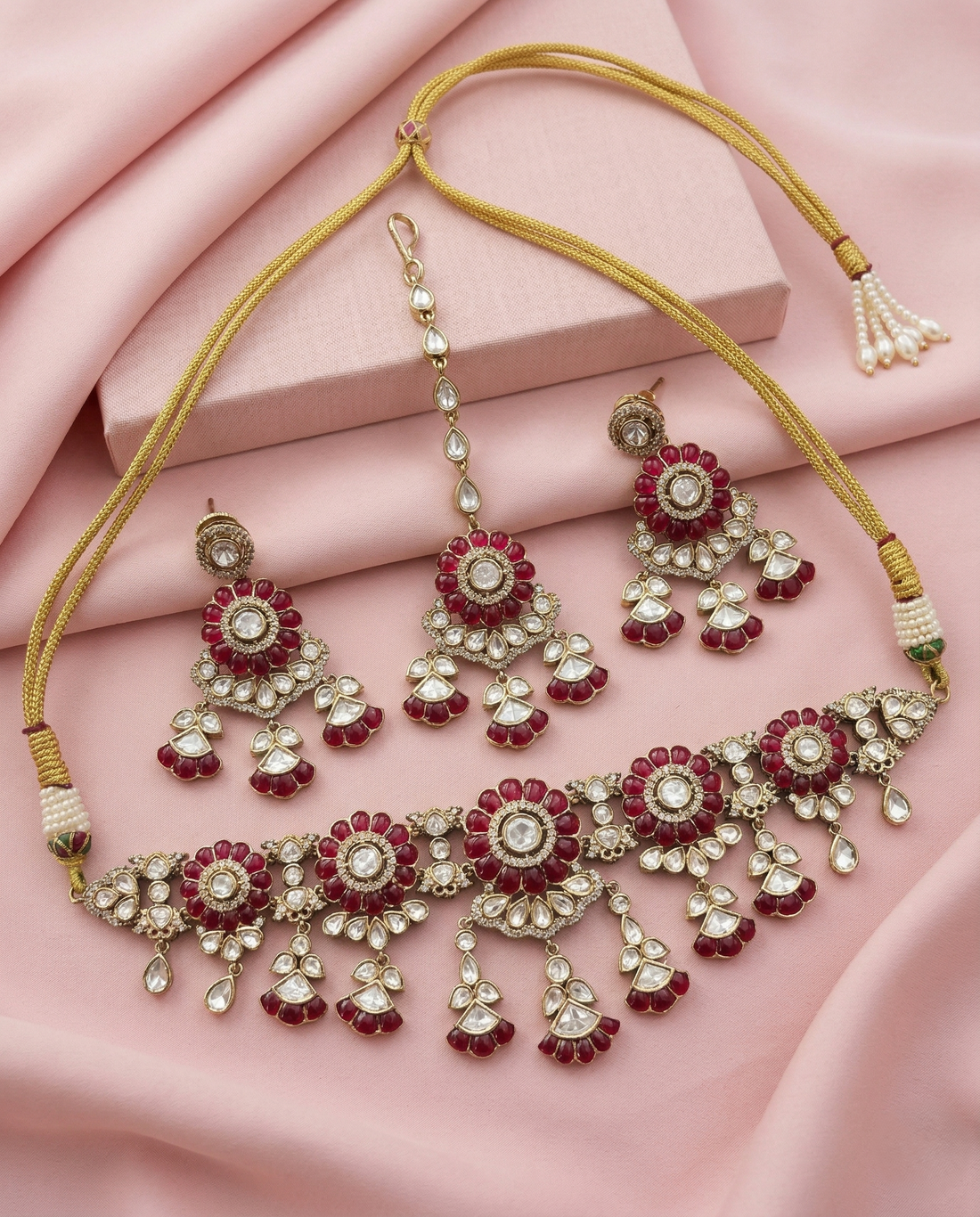 Royal Kundan Choker Necklace Set with Green & Maroon Detailing and Maang Tikka Mehandi Finish Bridal Set