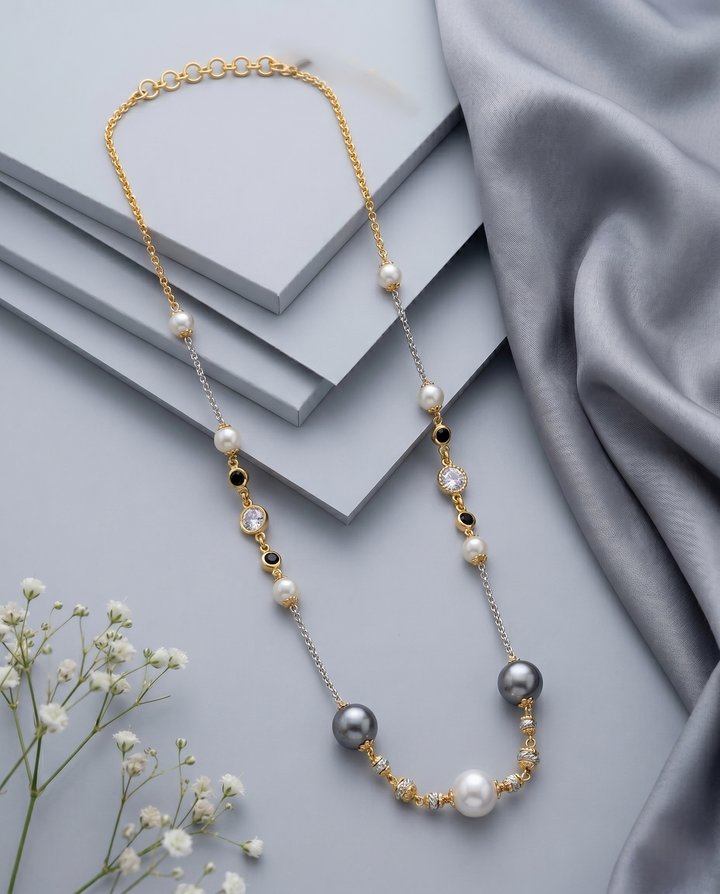Handmade Baroque Pearl, Grey Pearl & Black Onyx CZ Mala Necklace Set with Matching Baroque Pearl Earrings