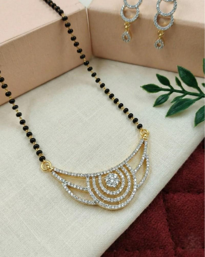Curved Swirl Diamond-Style Mangalsutra with Black Bead Chain & Long Drop Earrings