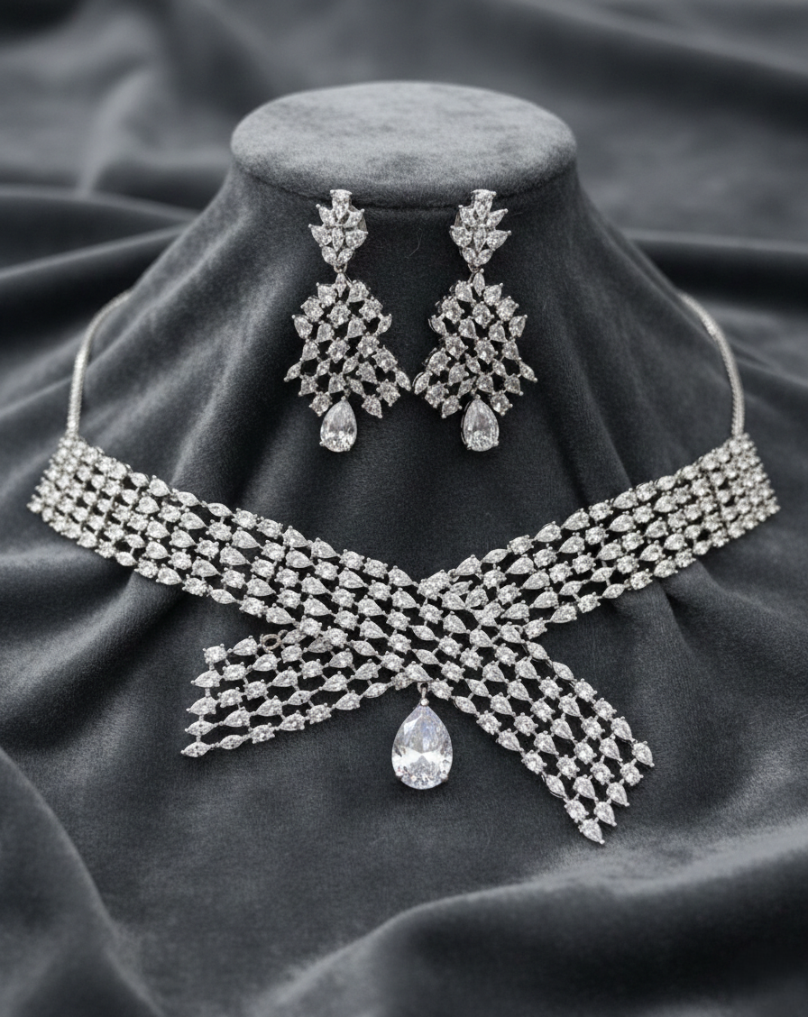 White Diamond Style Necklace Set with Matching Earrings