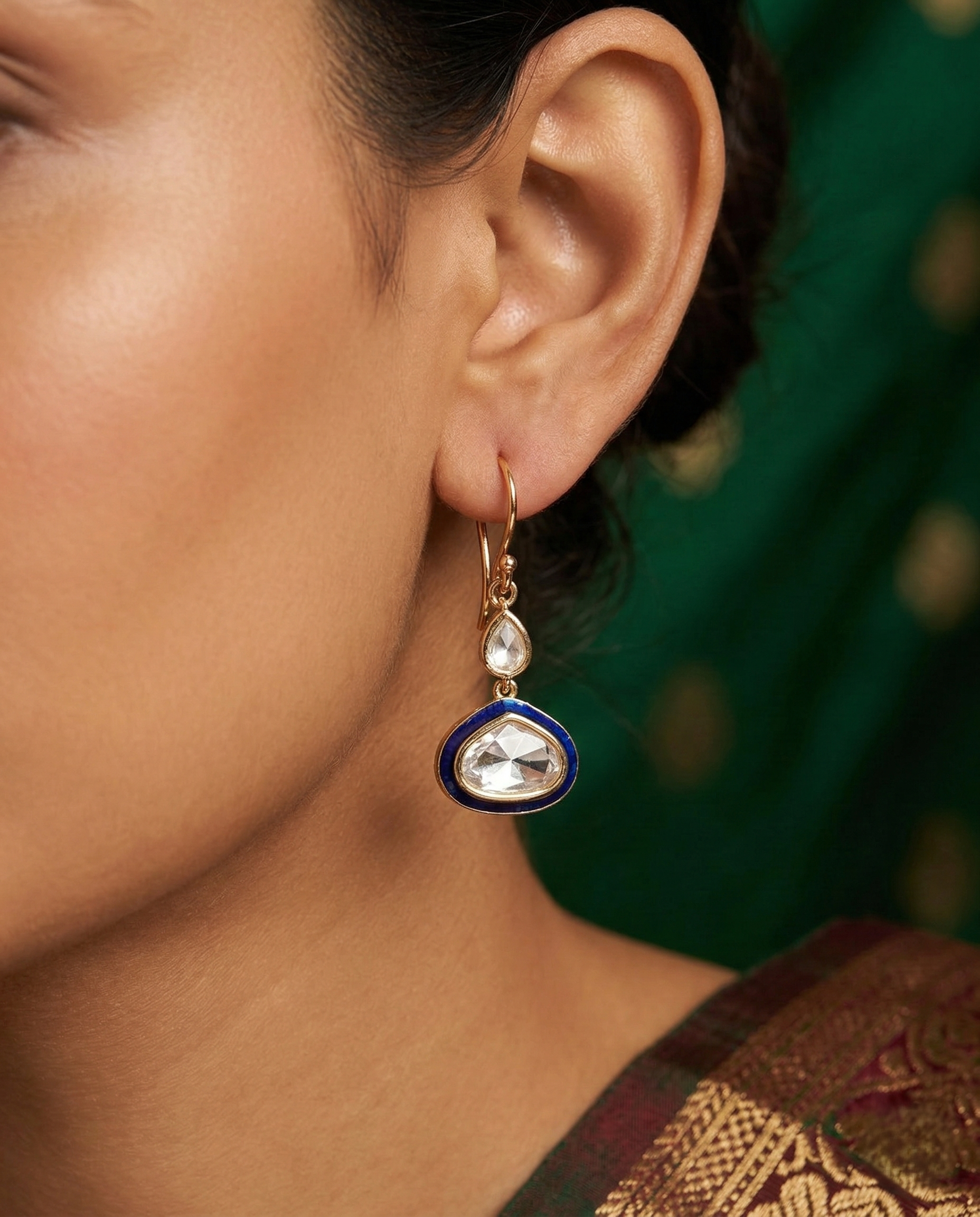 Minimal Kundan Teardrop Earrings with Meenakari Border (Green, Blue, Red)