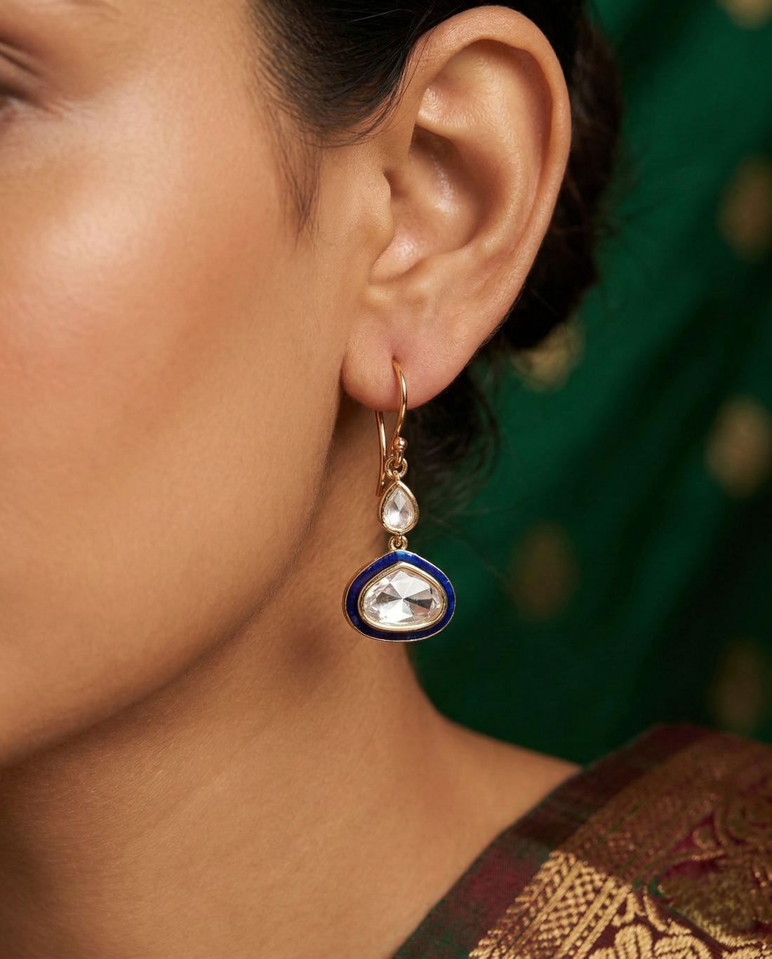 Minimal Kundan Teardrop Earrings with Meenakari Border (Green, Blue, Red)