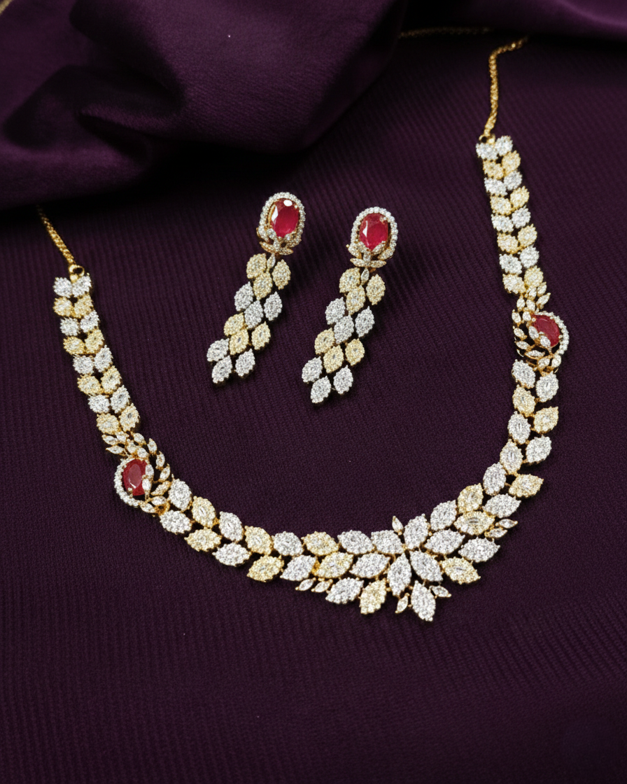 Leaf Design Diamond Necklace Set with Red Stone Accents – Gold Polish