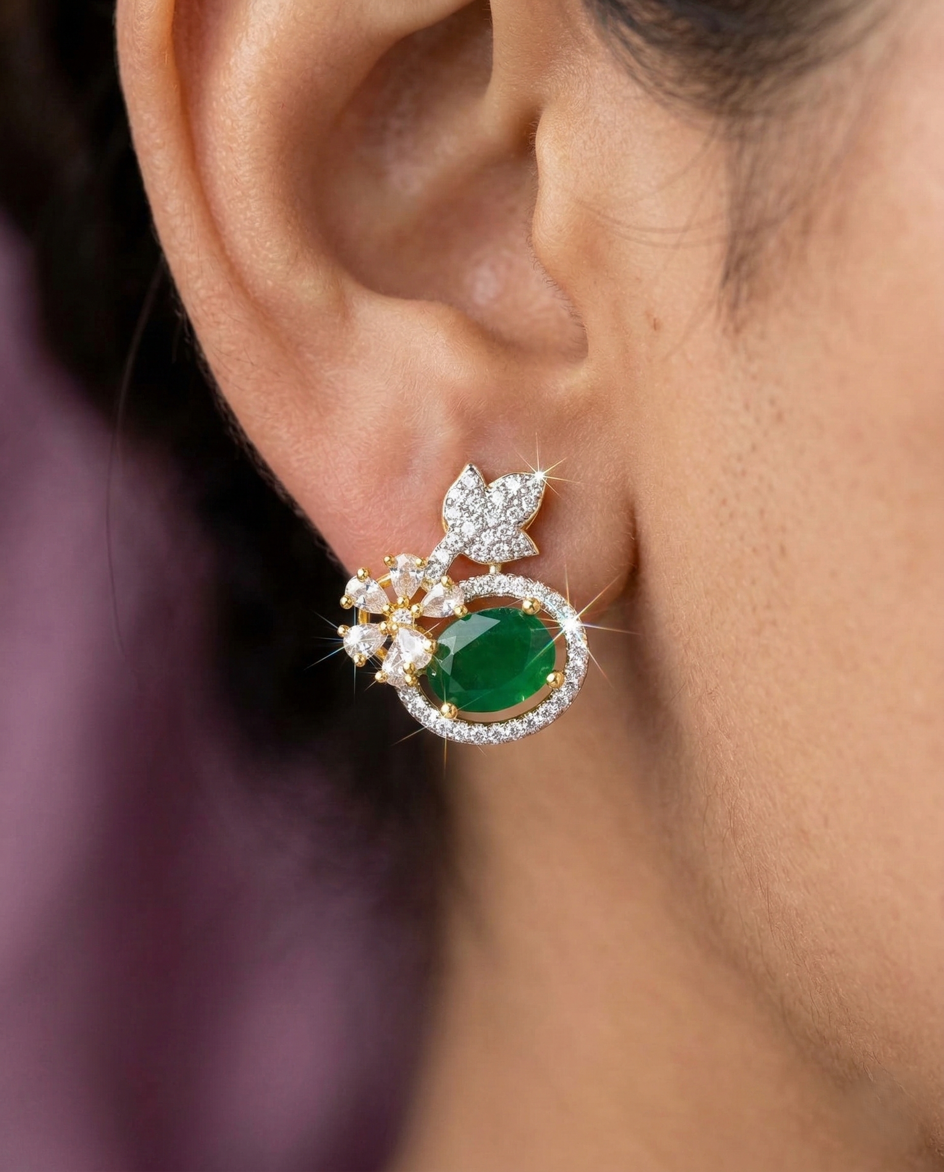 Butterfly Floral CZ Designer Stud Earrings – Gold Finish | White, Green, Blue & Ruby