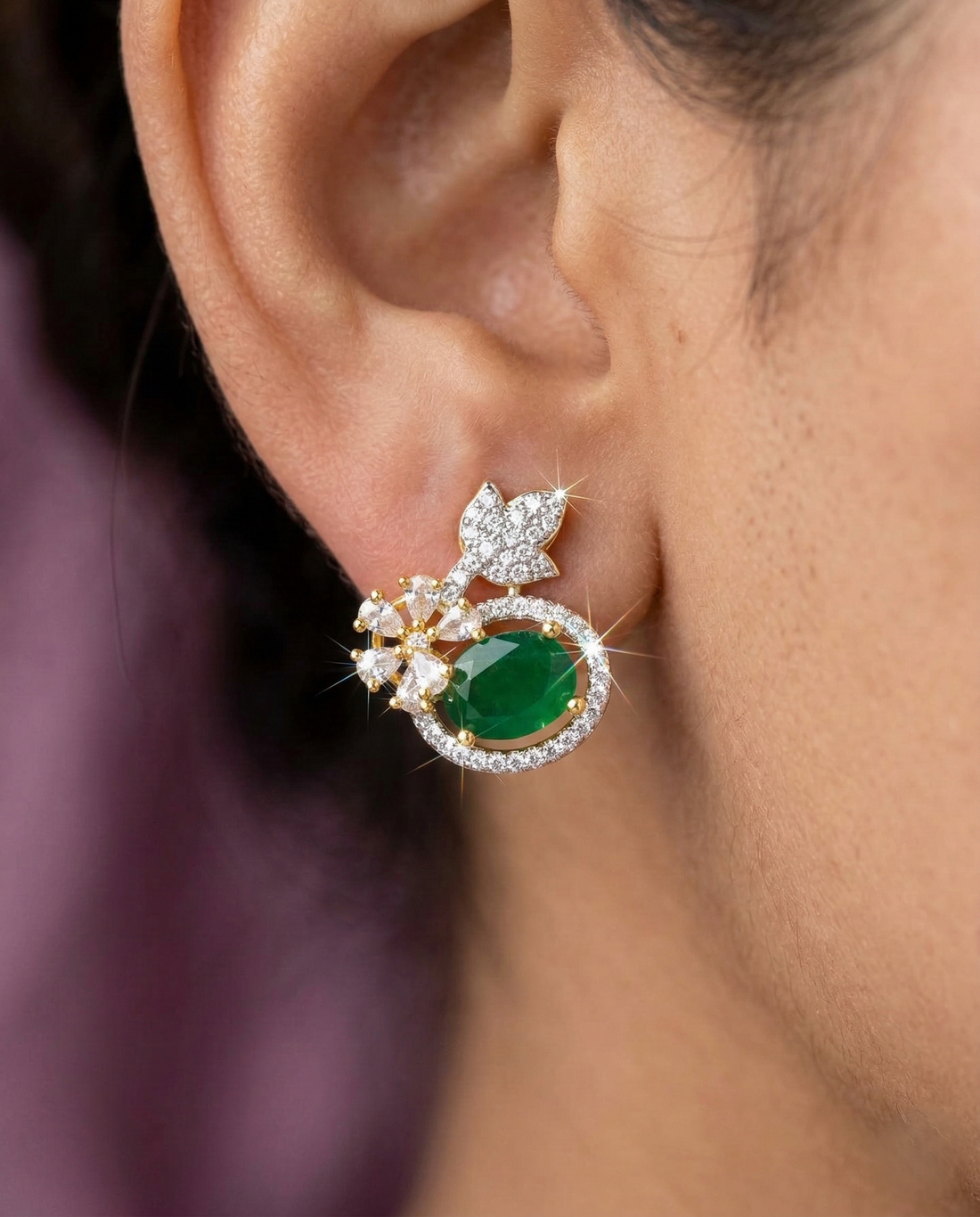 Butterfly Floral CZ Designer Stud Earrings – Gold Finish | White, Green, Blue & Ruby