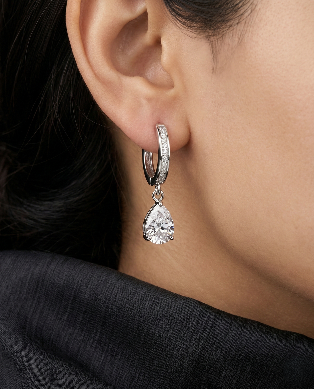 Minimal CZ Pear Drop Hoop Earrings – Gold & Silver Finish