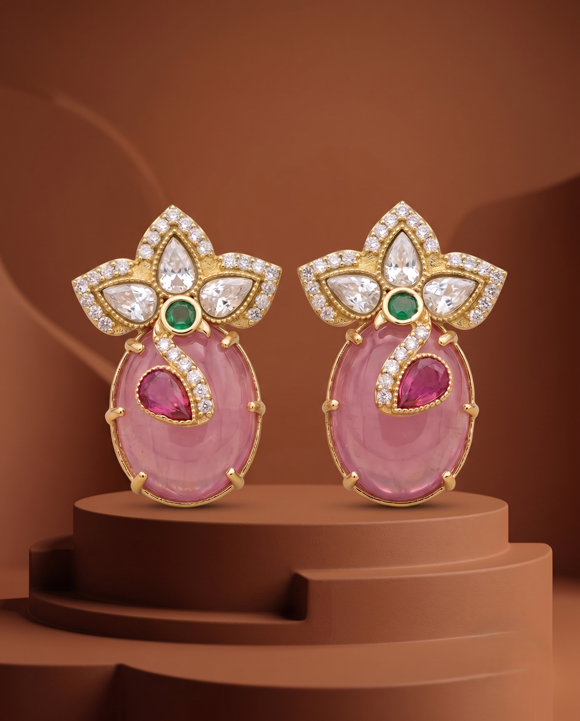 Polki Floral Top Cat Eye Drop Earrings with Oval Cabochon & Accent Stone Detailing (4 Color Variants) – Gold Finish