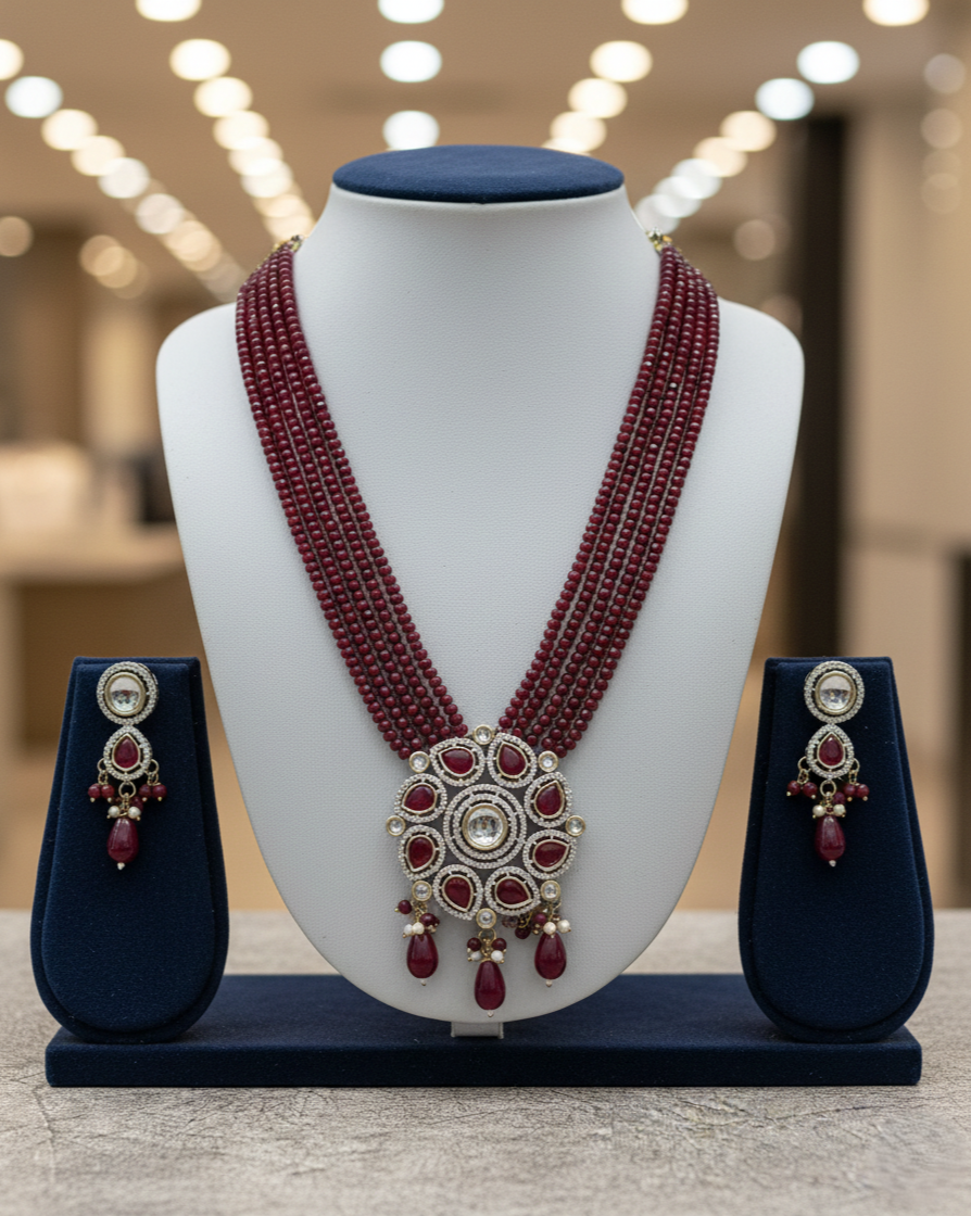 Maroon Beaded Long Necklace Set with Pendant & Earrings