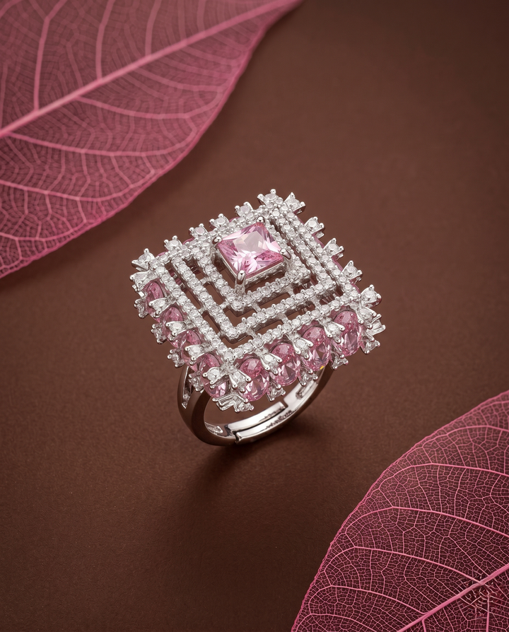 Luxury Cocktail Adjustable Ring – Silver Plated Pink Stone Statement Ring