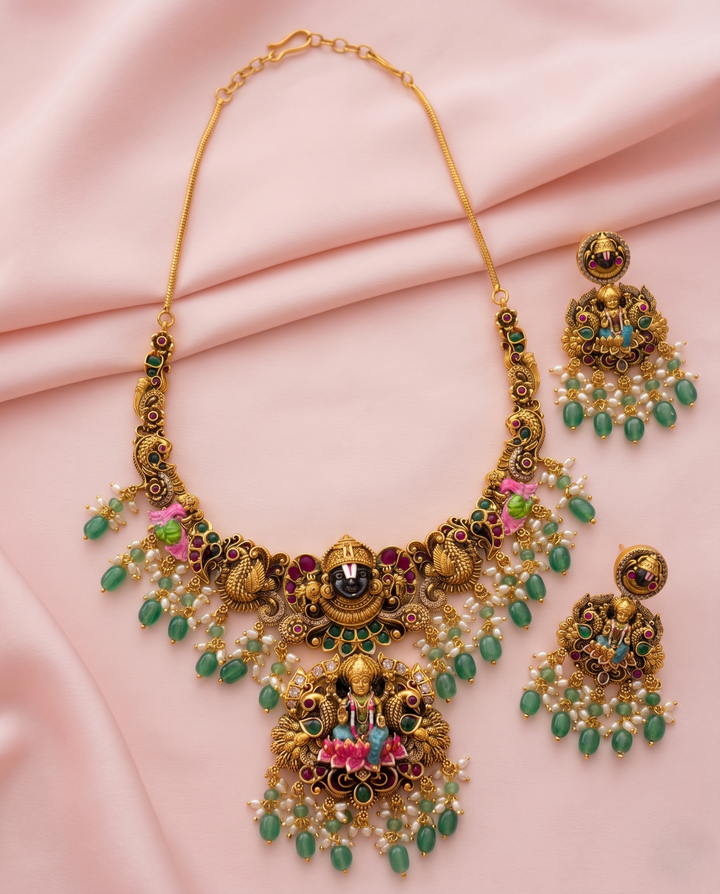 Antique Temple Lakshmi Necklace Set with Green Beads & Earrings