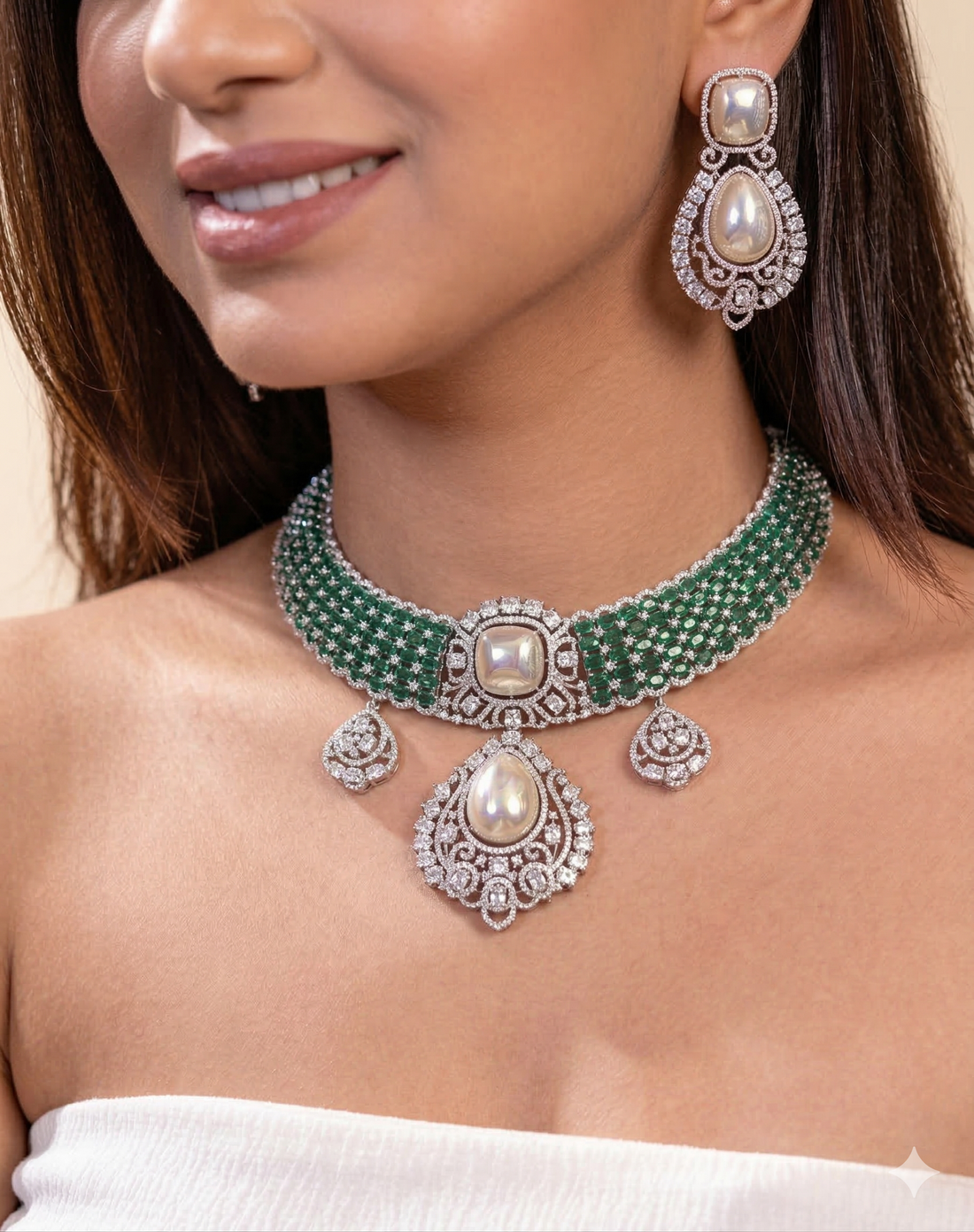 Green Stone American Diamond Pearl Choker Necklace Set