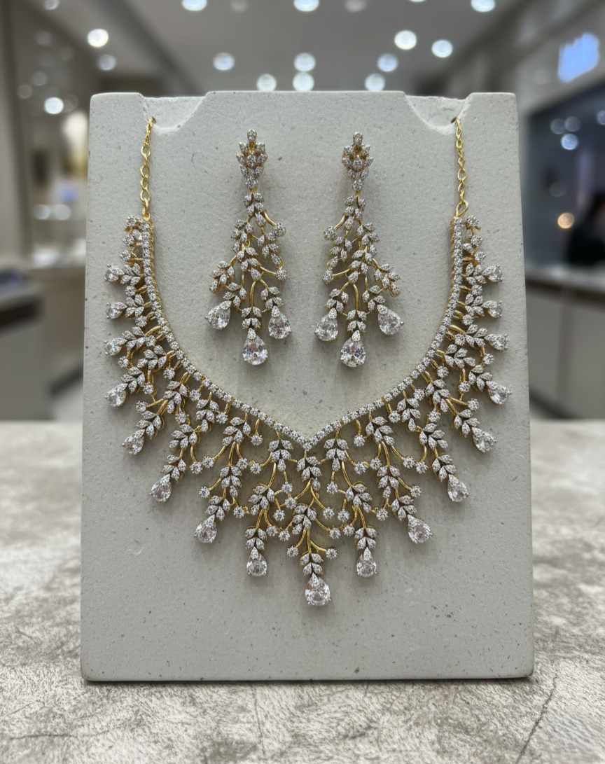 Gold Polish American Diamond Leaf Design Necklace Set