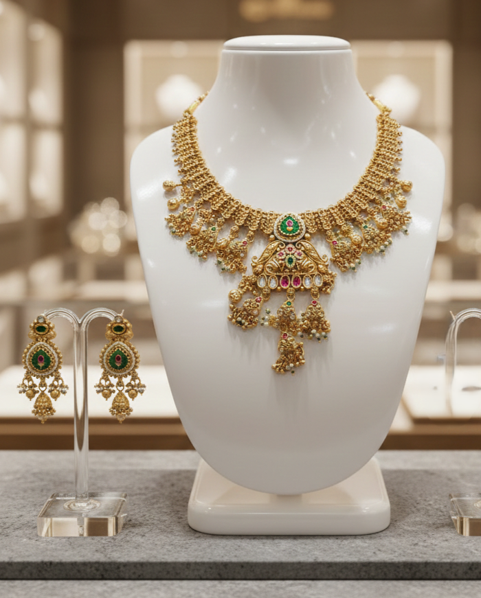 Gold necklace with green and red stones on a mannequin bust in a jewelry store setting.