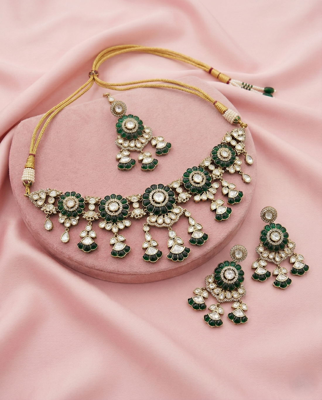 Royal Kundan Choker Necklace Set with Green & Maroon Detailing and Maang Tikka Mehandi Finish Bridal Set