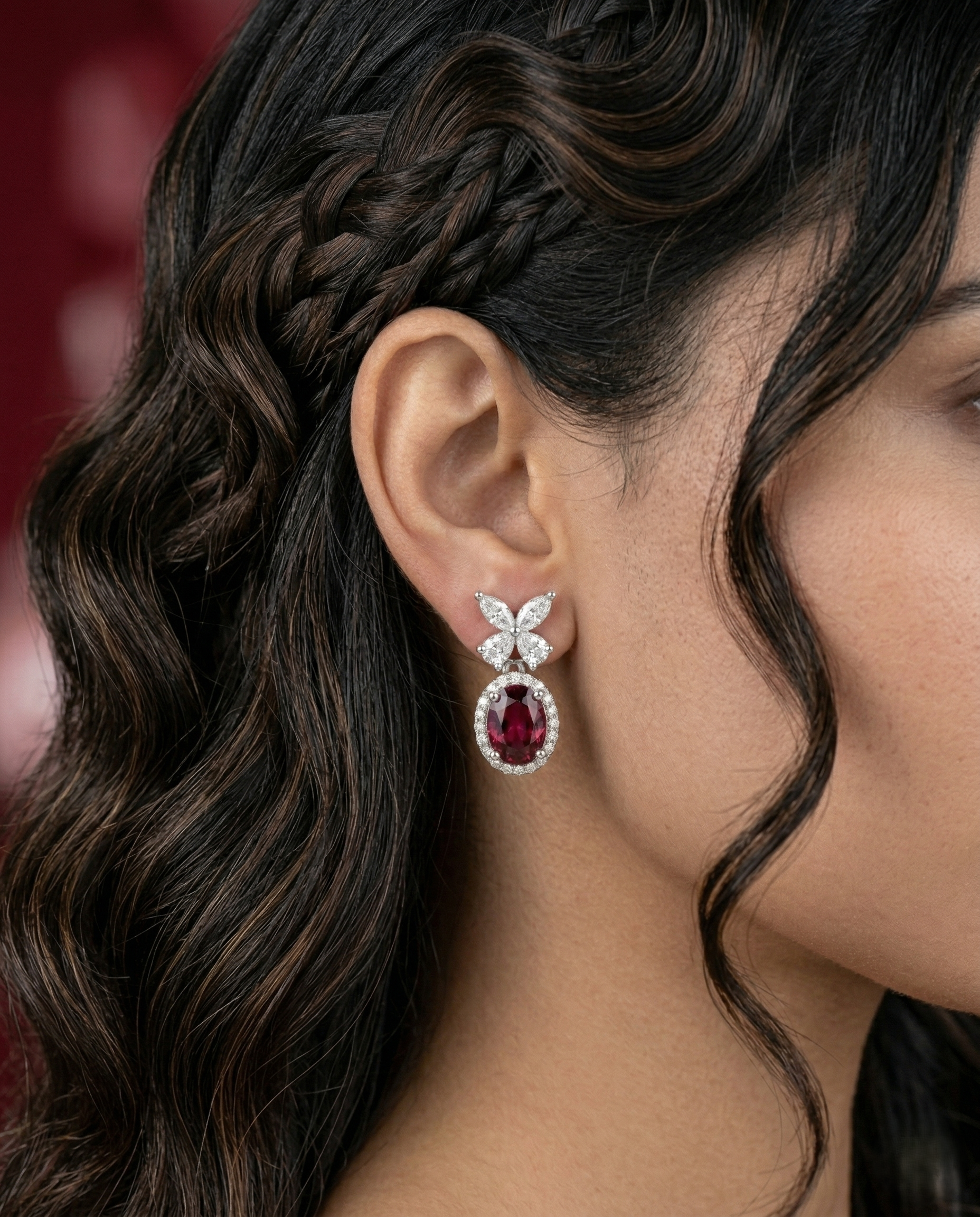 Veloura Bloom Drops – Floral Diamond Oval Earrings in Ruby, Black, White & Green
