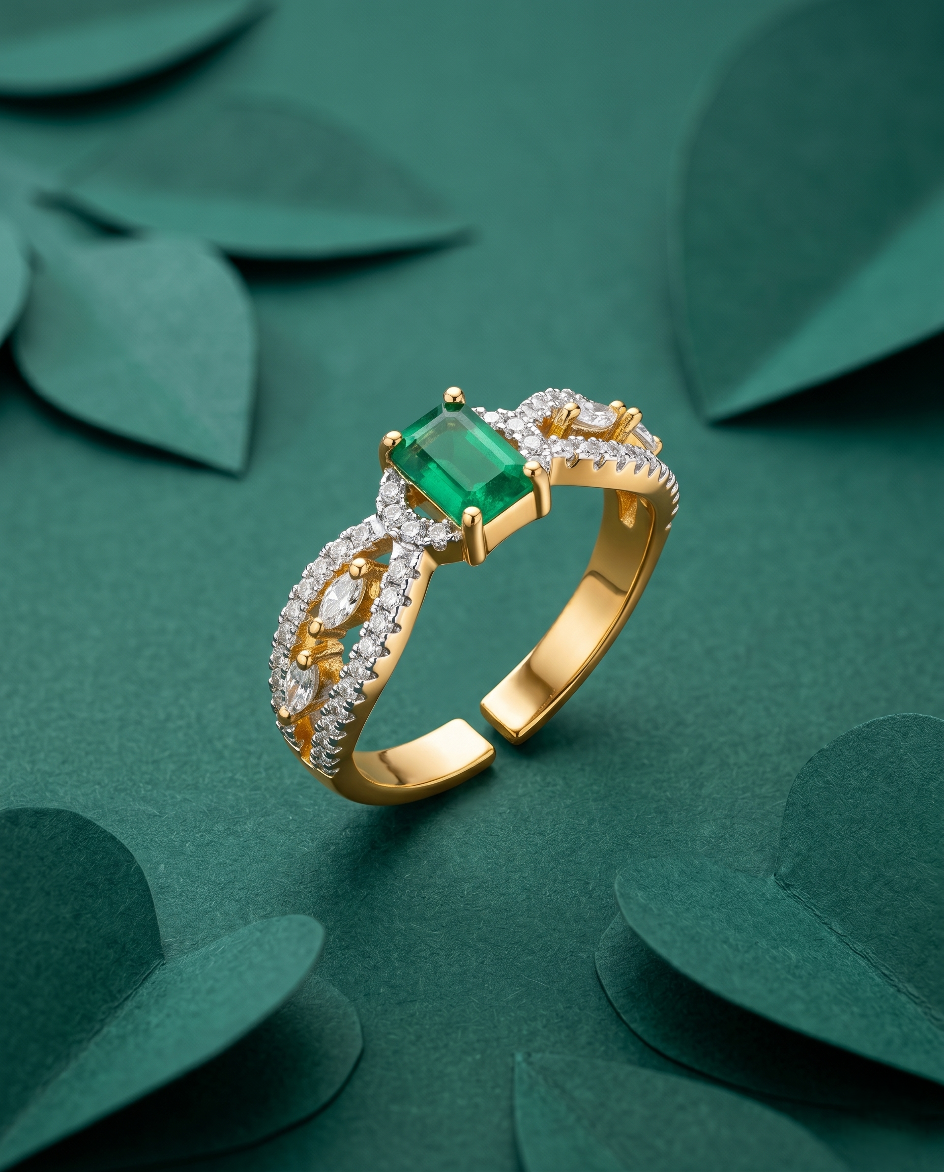 Emerald Cut Stone Designer Ring Gold Plated Adjustable – Red / Green Stone