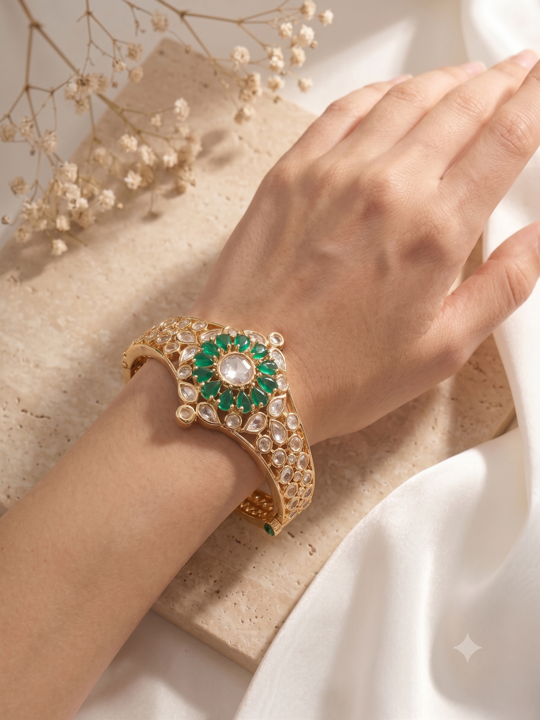 Pannika Green Stone Kundan  Floral Polki Style Oenable Bracelet  for Women