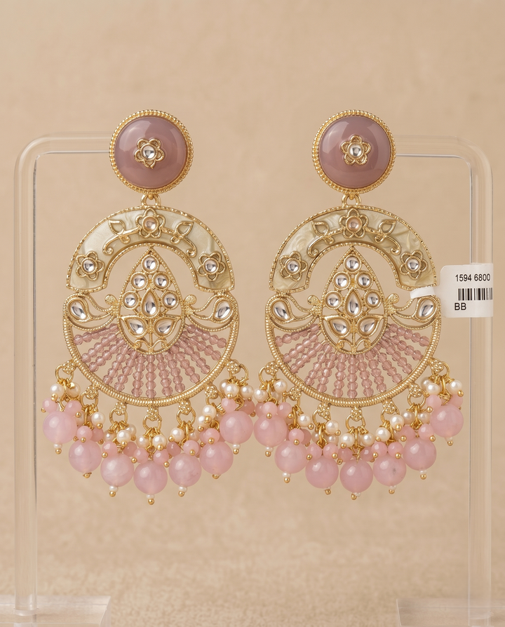 Blush Pink Kundan Chandbali Earrings with Pearl Drops (Mehandi Polish) - Lite Weight