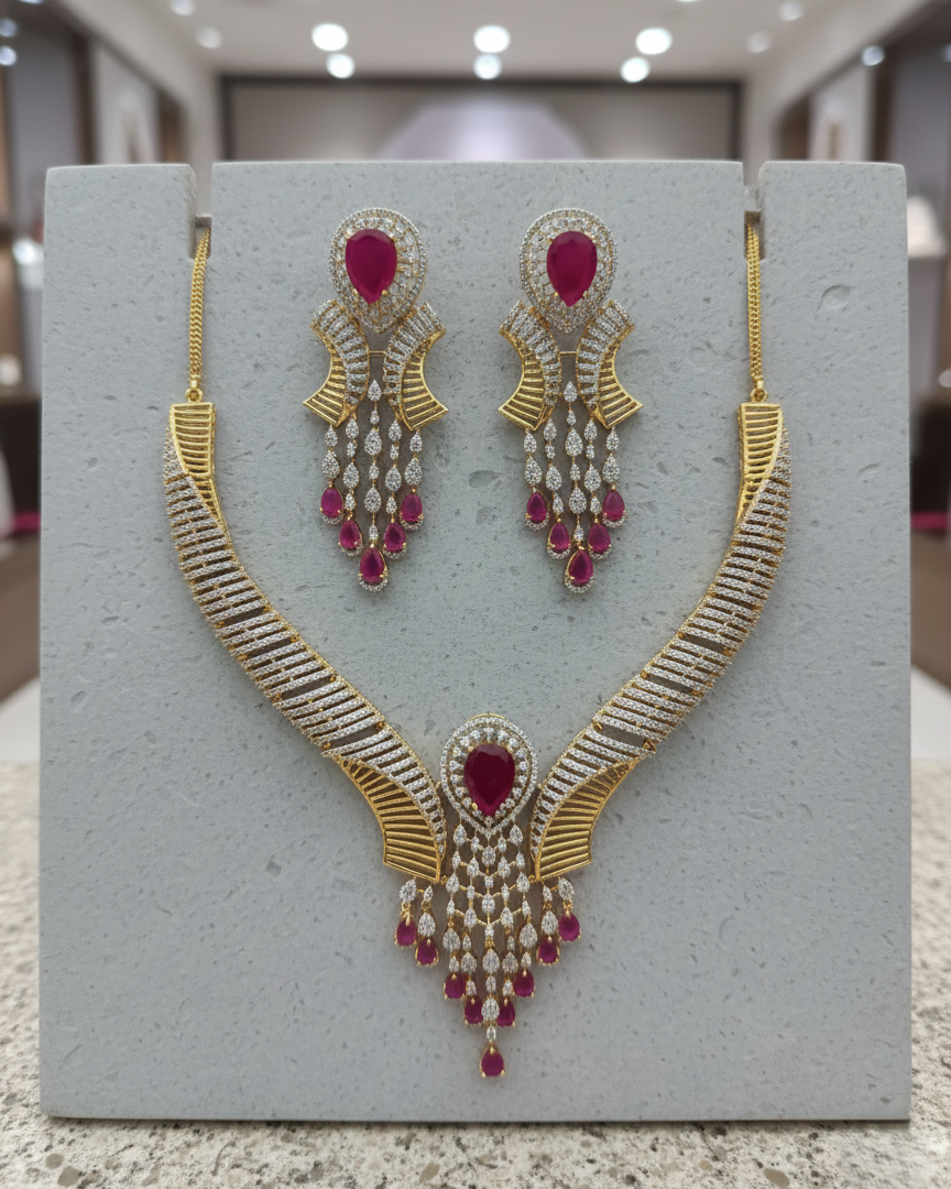 Gold Polish American Diamond Pink Stone Heavy Necklace Set