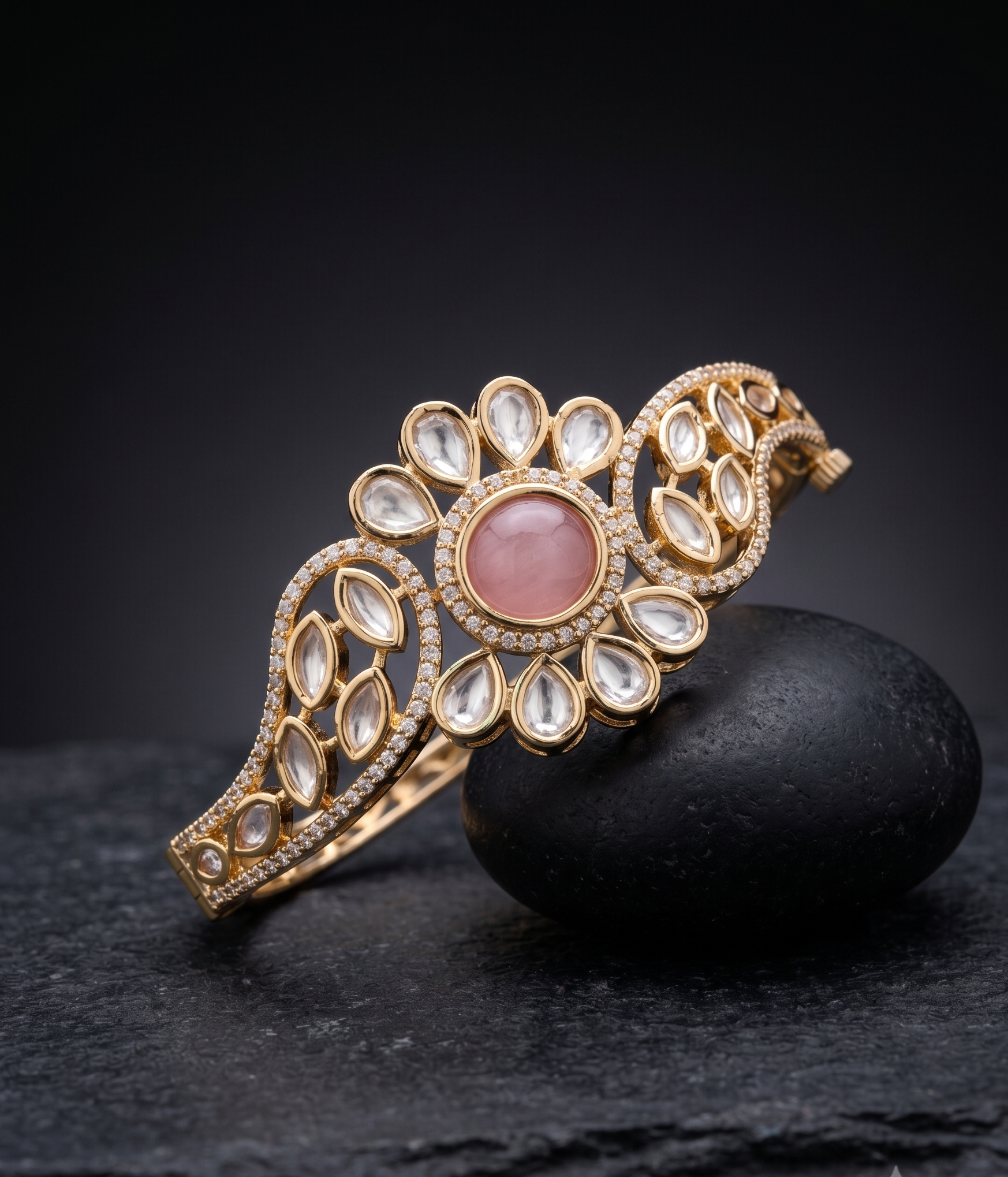 Noorva Floral Kundan  Traditional Polki Style Openable  Bracelet  for Women